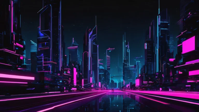 A futuristic cityscape at dusk on a pristine desktop or PC screen.