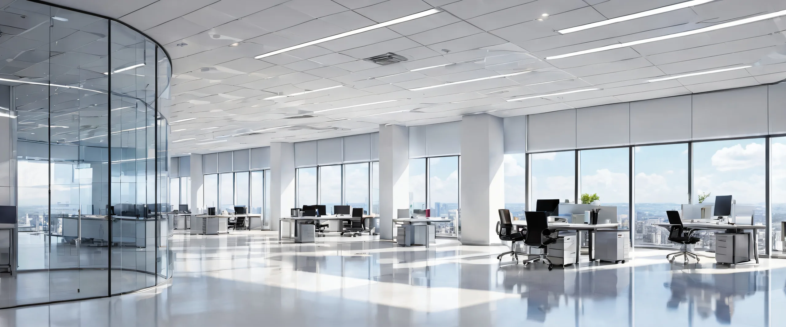 Award-winning digital art of a majestic office building on a pristine pure void background for desktop/pc screens.