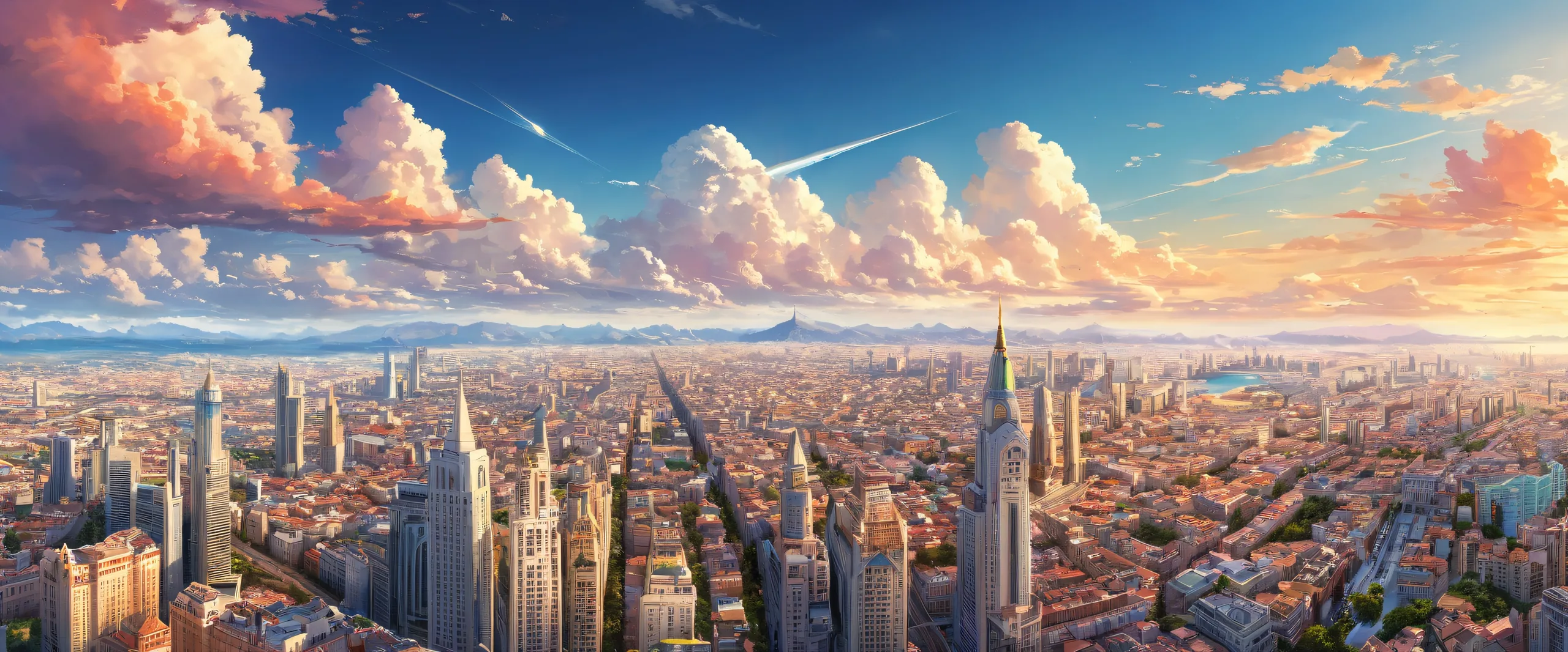 Award-winning digital art of a city with a sunny sky and rooftops in the distance for desktop/pc use.