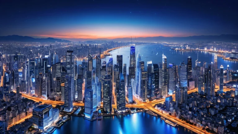 A serene cityscape desktop scene with vibrant city lights in the distance, suitable for PC or Desktop use.