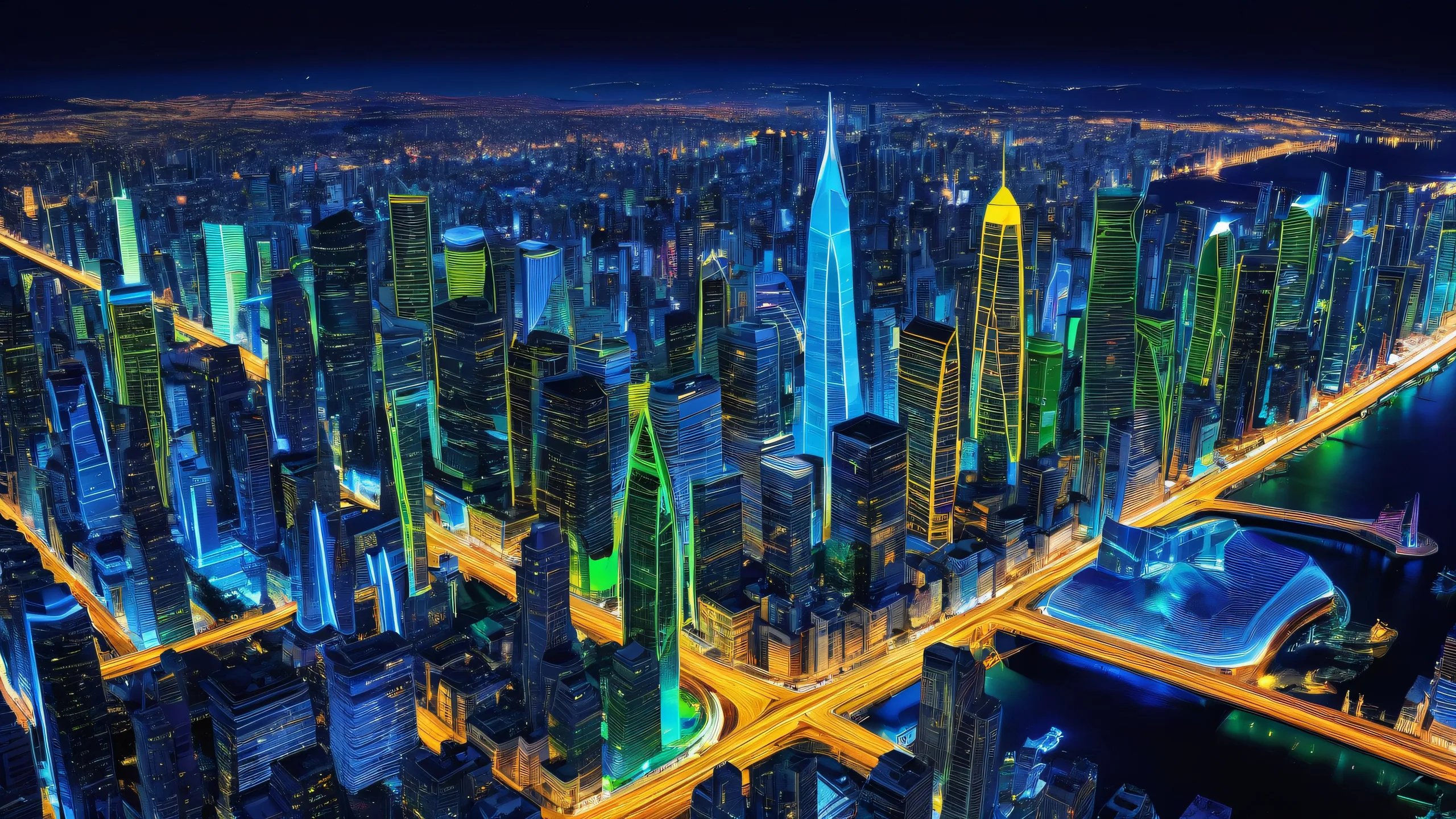 A futuristic cityscape desktop background with radiant colors and starlight, perfect for a Desktop/PC.