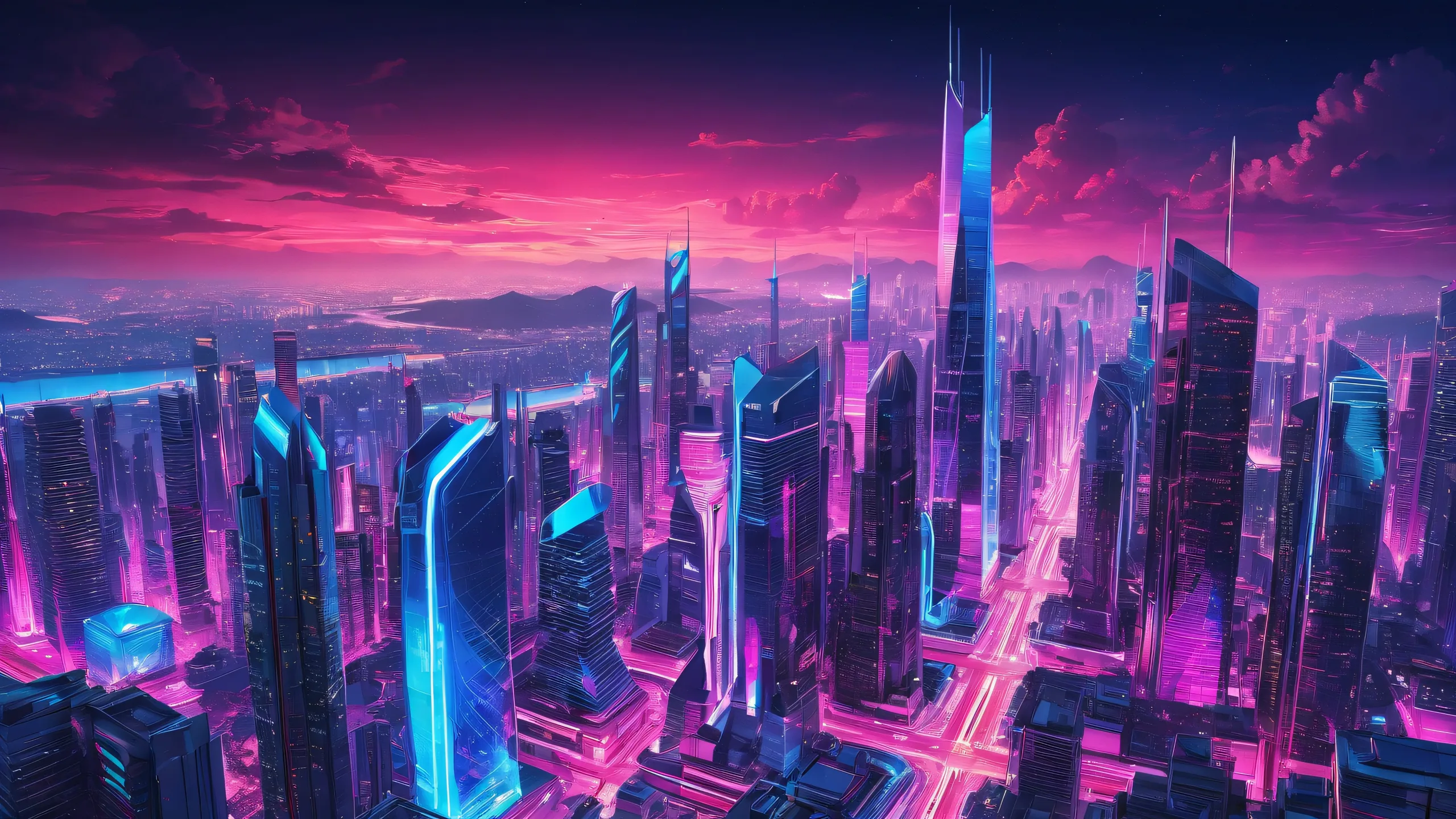 A stunning cityscape desktop image for your PC or Desktop featuring sleek skyscrapers, vibrant neon lights and futuristic architecture against a pure void background.