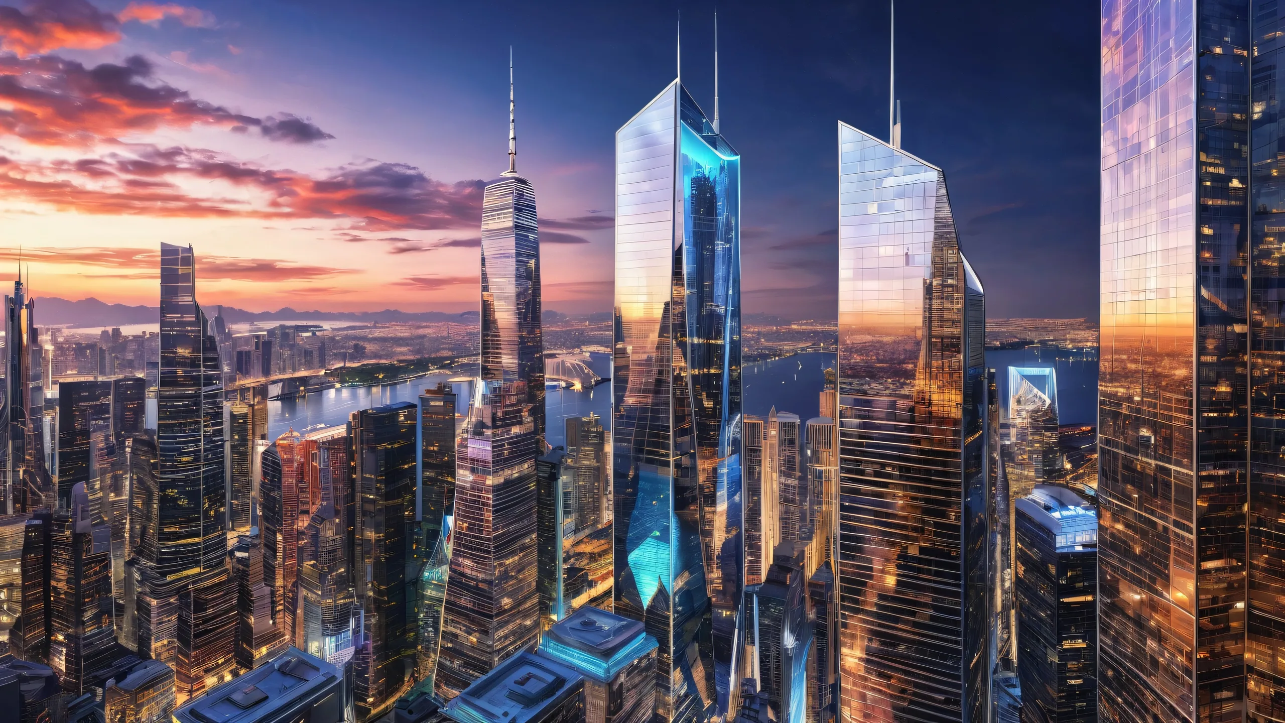 A stunning desktop wallpaper of a skyscraper reflecting the cityscape at night, perfect for your PC or Desktop.