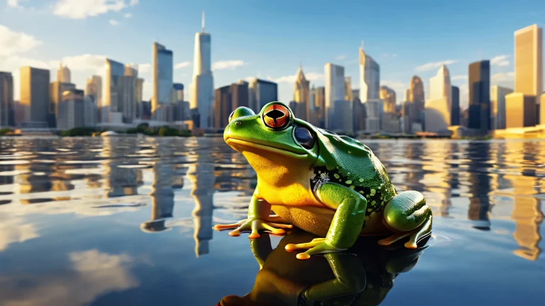 A beautifully rendered desktop image featuring a frog surrounded by a city skyline and water's edge, with reflections on the surface. Convient pour ordinateur de bureau/PC.