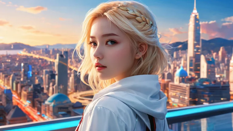 A serene desktop scene of a girl standing in front of a futuristic cityscape, suitable for Desktop/PC backgrounds.