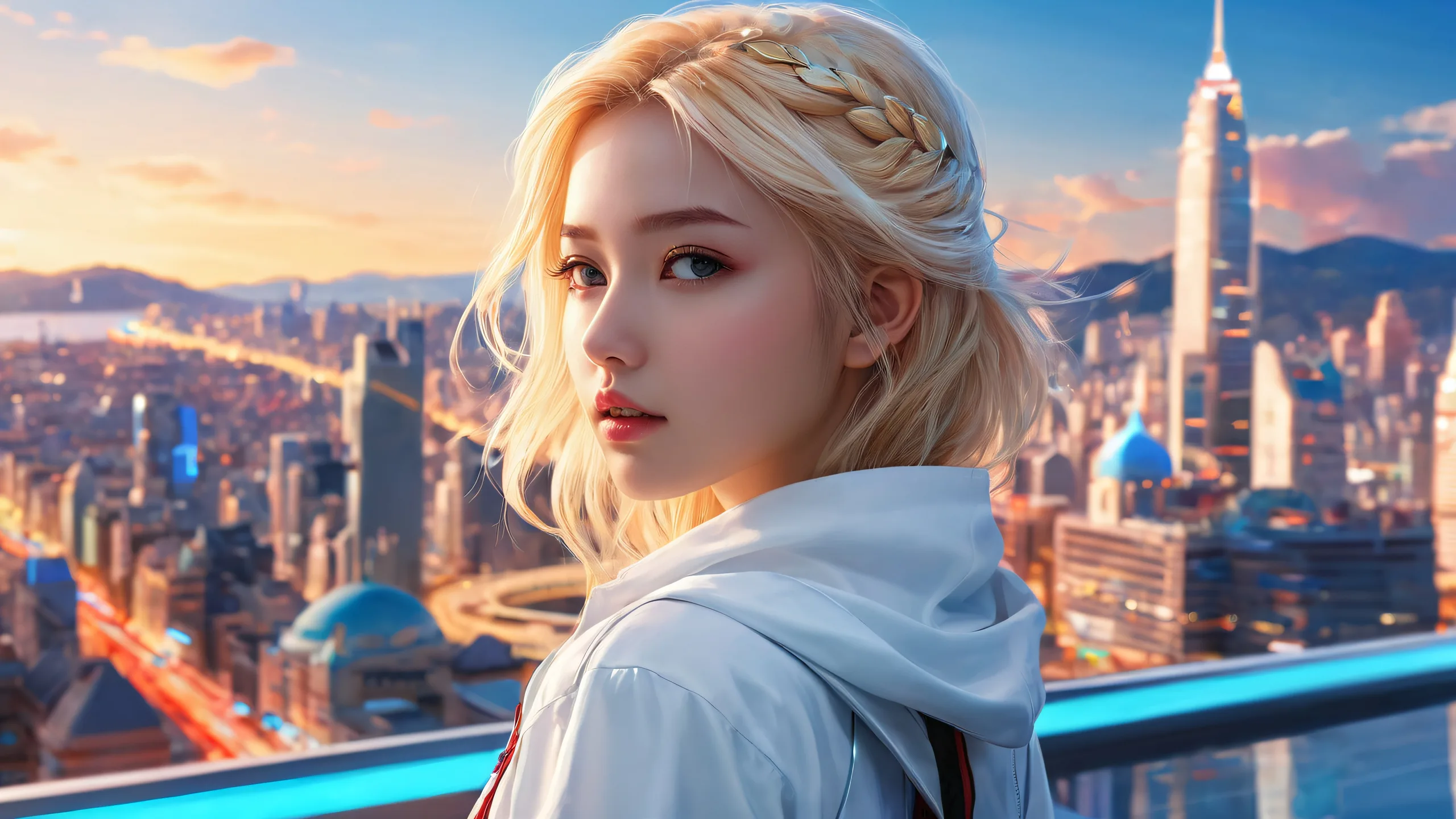 A serene desktop scene of a girl standing in front of a futuristic cityscape, suitable for Desktop/PC backgrounds.