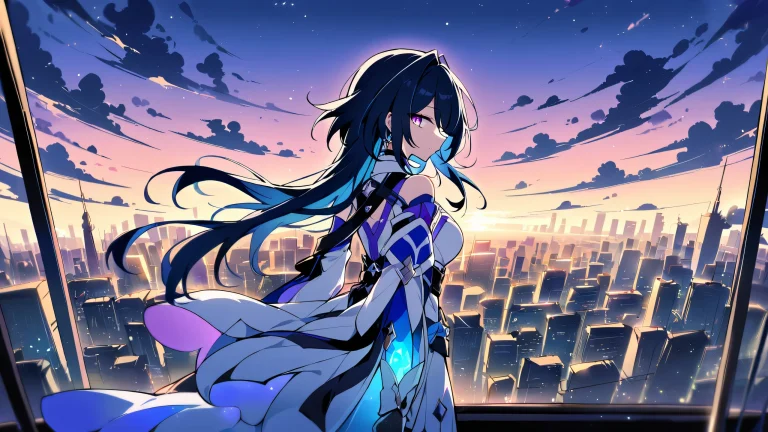 A lone girl gazes at the viewer on a perfectly clean vast pure void background, with an extreme depth of field showcasing a cityscape in the distance, suitable for desktop/pc use.