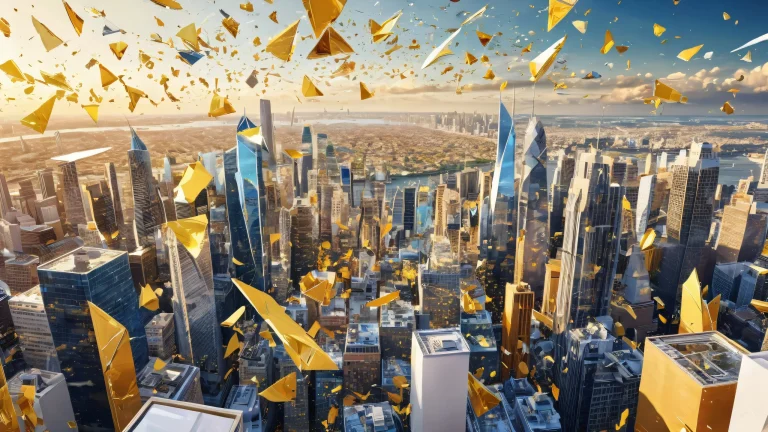 Desktop/PC wallpaper featuring a cityscape with falling shards above a void, with radiant lighting and ray tracing for cinematic quality.