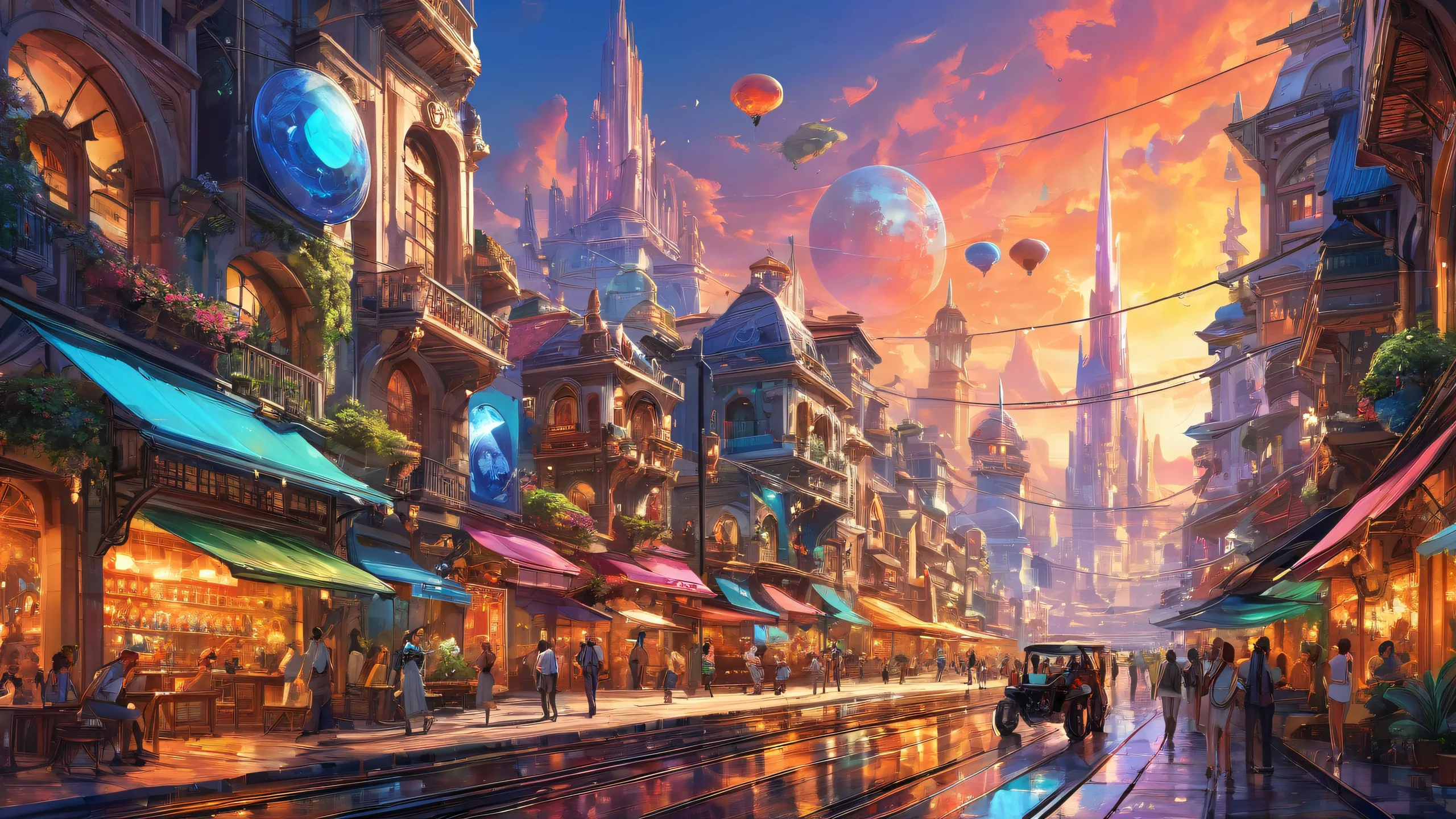 Beautiful desktop wallpaper of video game characters in a vast pure void with city lights on a Desktop/PC.