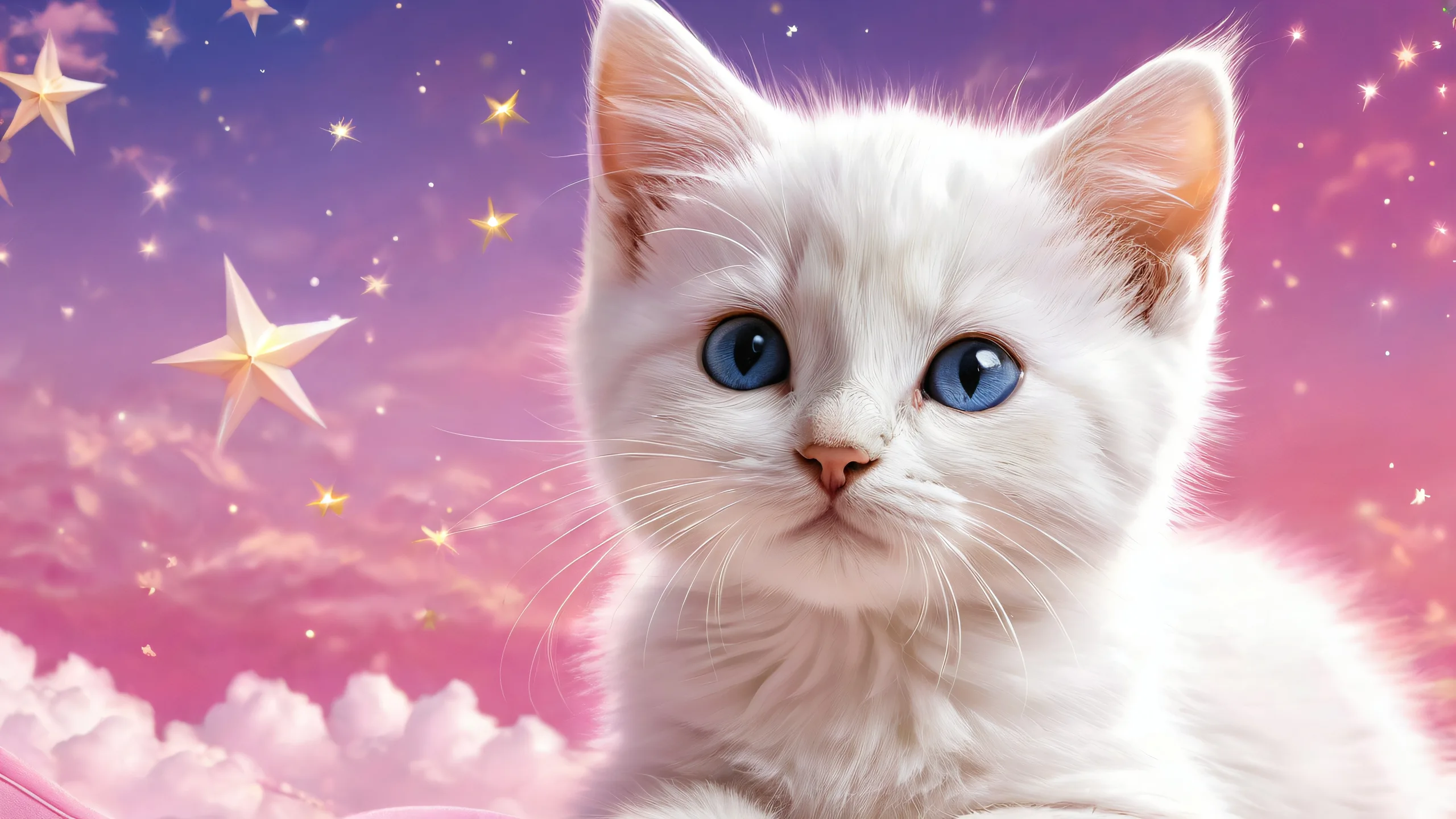 A serene desktop image of a kitten amidst soft clouds and starlight on a pure void backdrop for Desktop/PC