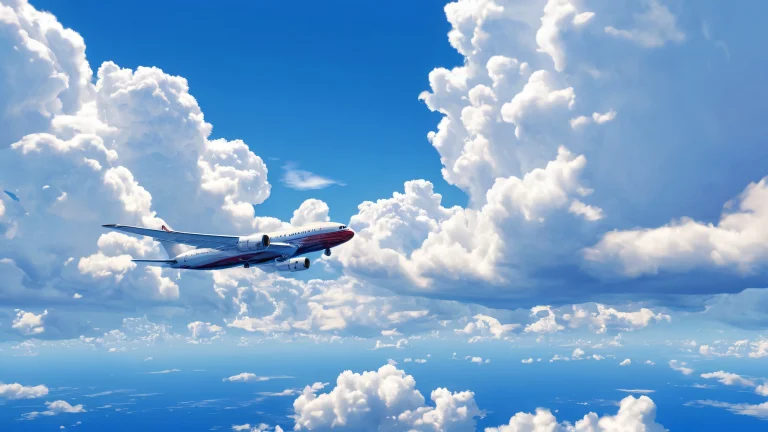 A dramatic desktop wallpaper featuring a centered aircraft against a rich blue sky with towering white cumulus clouds and a perfectly clean void. Escritorio/PC.