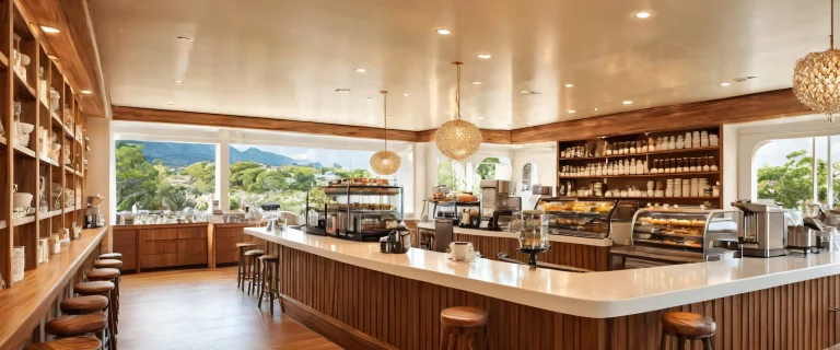 A serene and pristine coffee bar scene on a desktop/PC, featuring warm beige tones, rich wood accents, and soft cream hues.