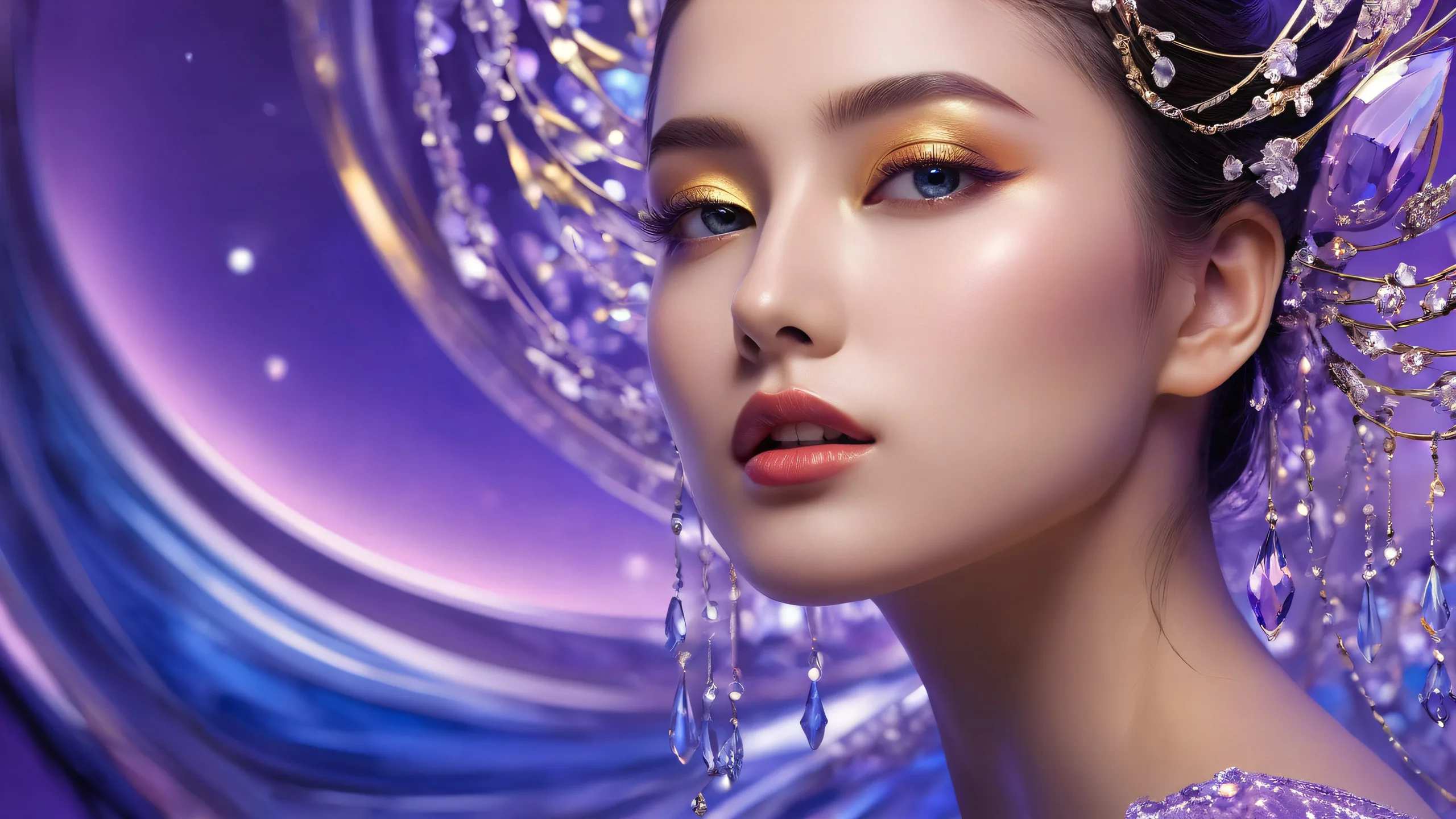 Cosmic landscape for desktop/PC with deep blues, dark purples, and golden hues.