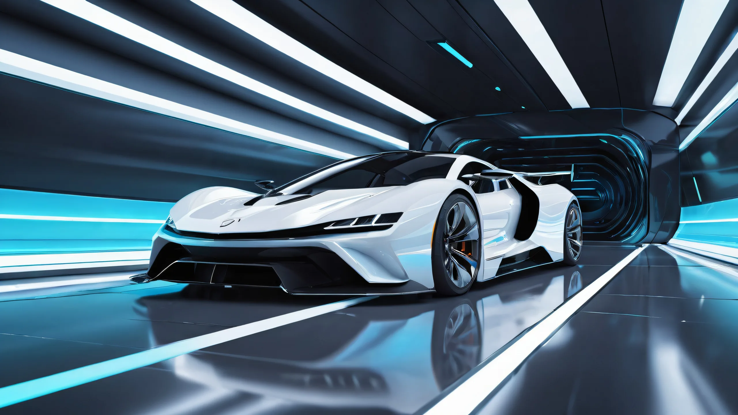 Breathtaking desktop scene of a perfect void with reflective metallic surfaces and vibrant neon lights on a Desktop/PC.