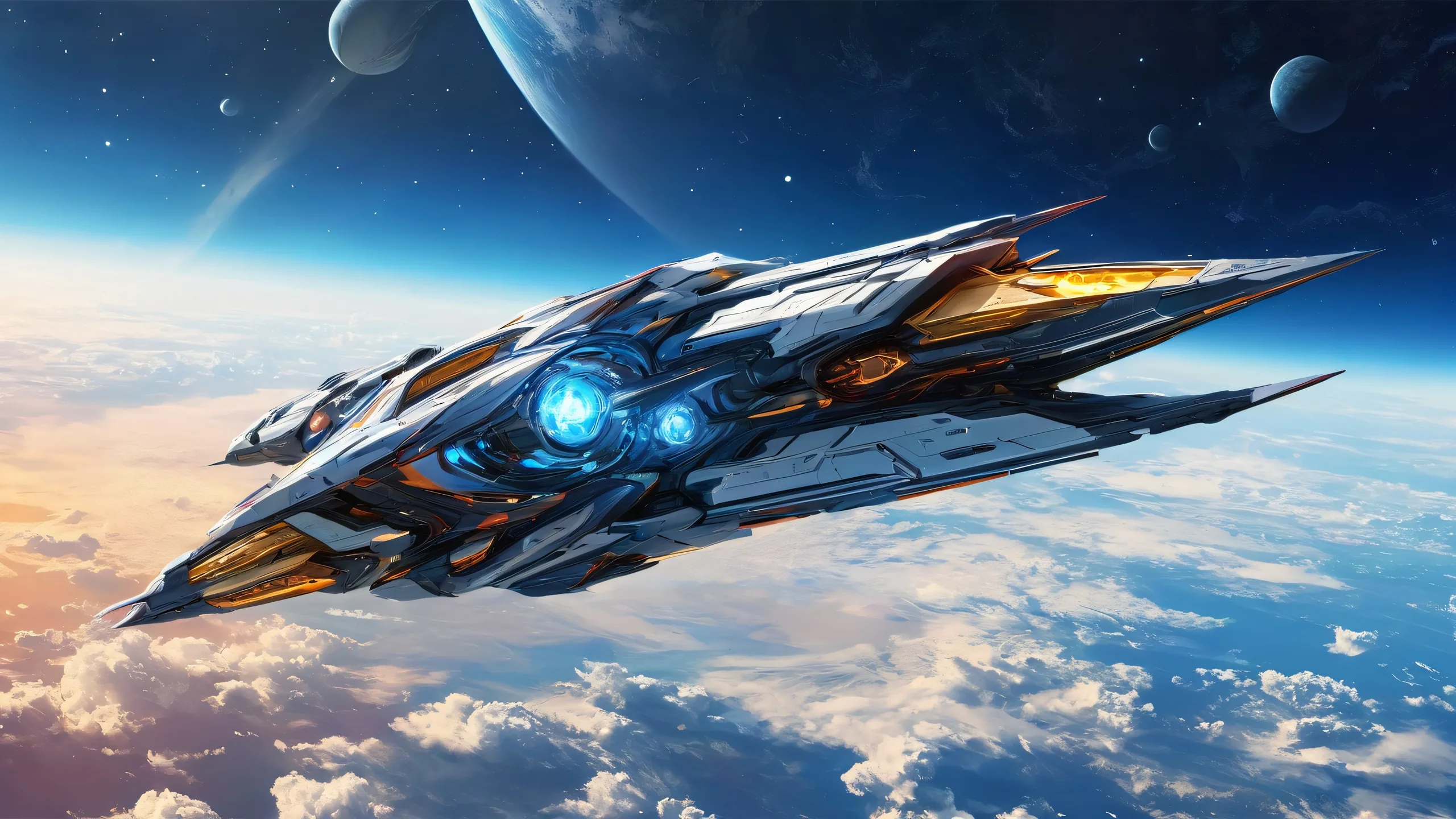 A stunning spaceship desktop wallpaper for PC or Desktop, featuring a vast void with radiant colors and ethereal lighting.