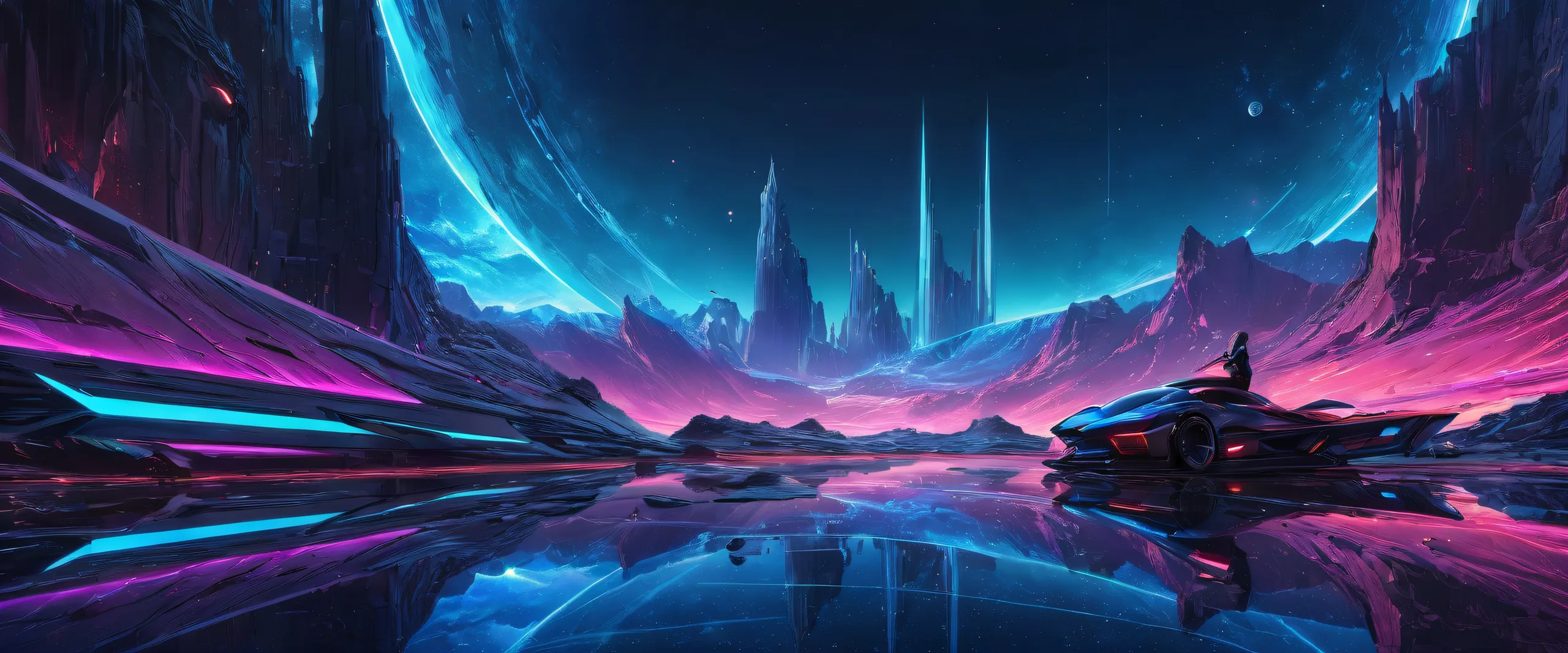 A breathtaking desktop wallpaper of a pure void with radiant colors and reflections on a Desktop/PC