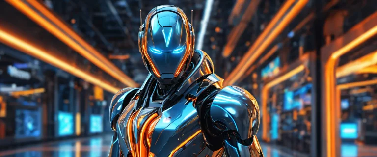 Award-winning digital art of a robot in a pure void, Desktop/PC wallpaper with brilliant colors and ray traced reflections.