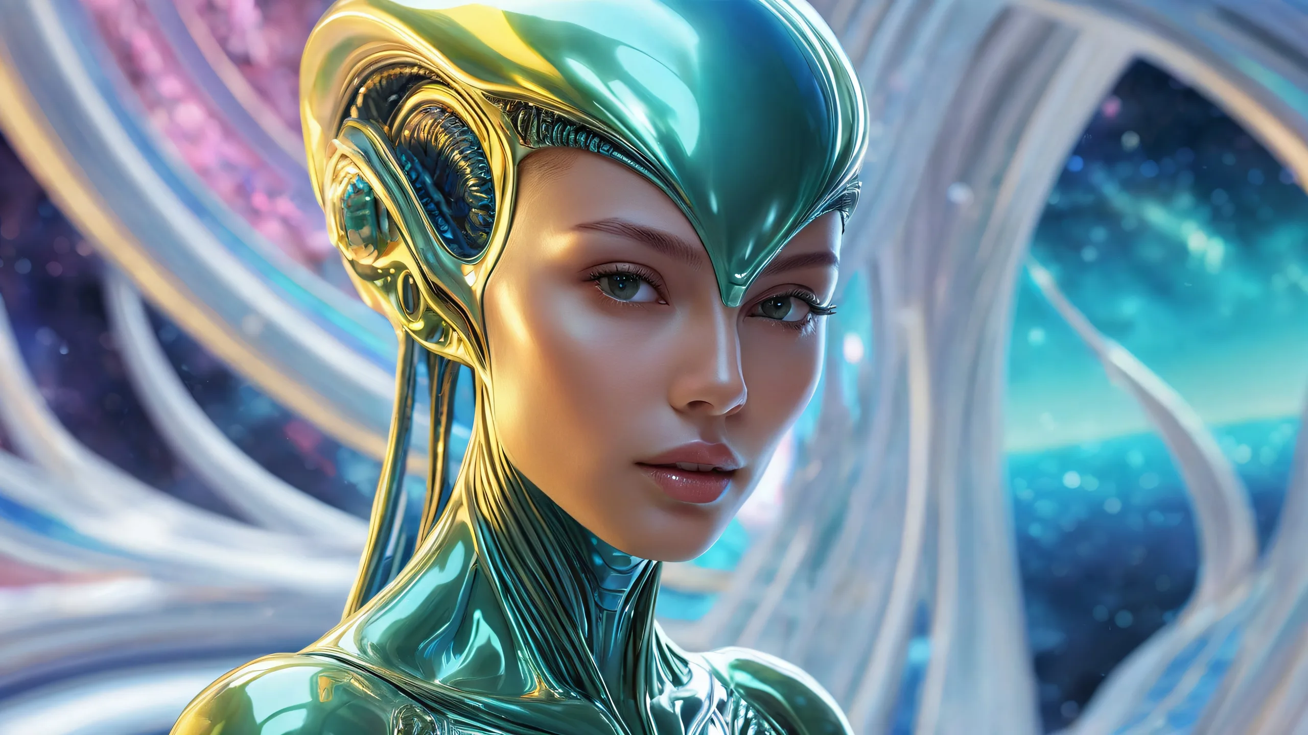 Alien woman in a vast pure void, with extreme depth of field and radiant lighting, suitable for desktop or PC use.