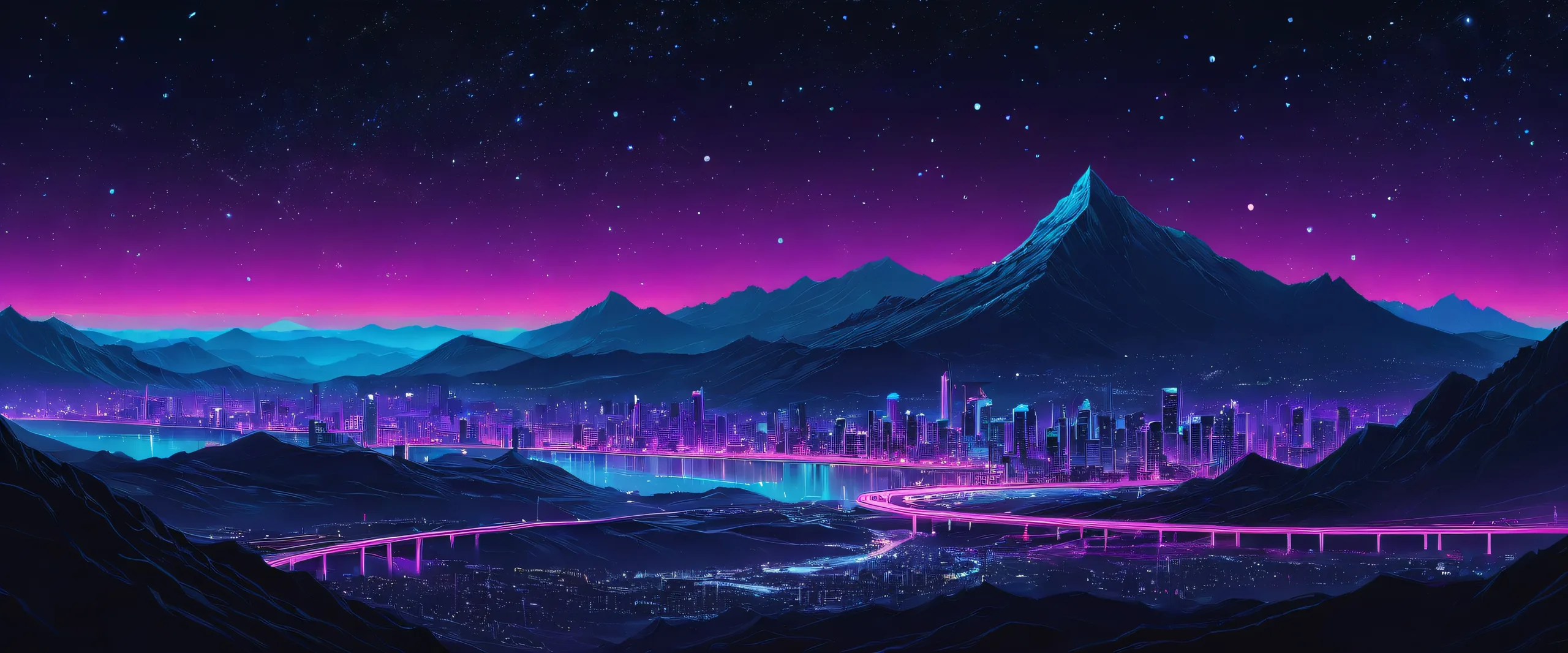 Stellar night sky on a dark mode desktop with futuristic neon lights and infinite depth of field for a mesmerizing cyberpunk wallpaper.