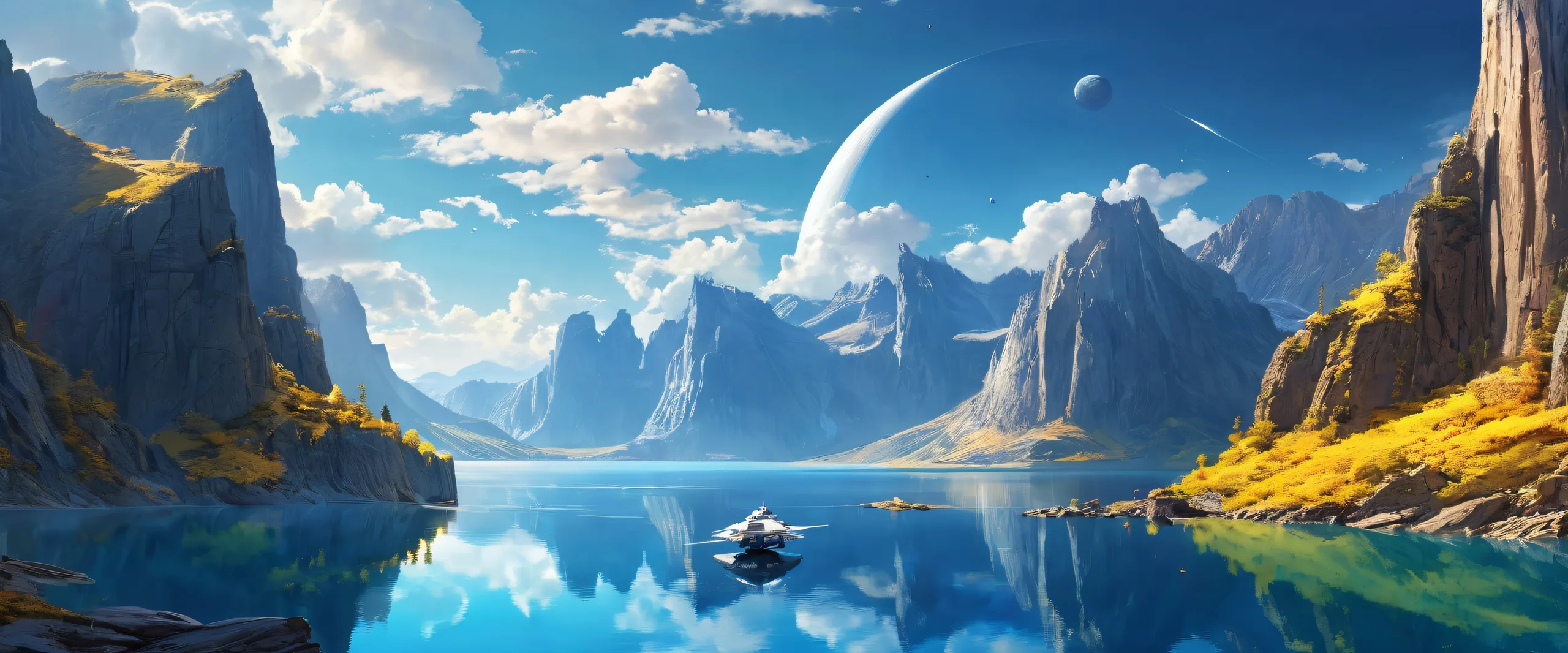 Breathtaking spaceship desktop scene with lake and cliff in the distance on a pristine void background for PC Desktop use.
