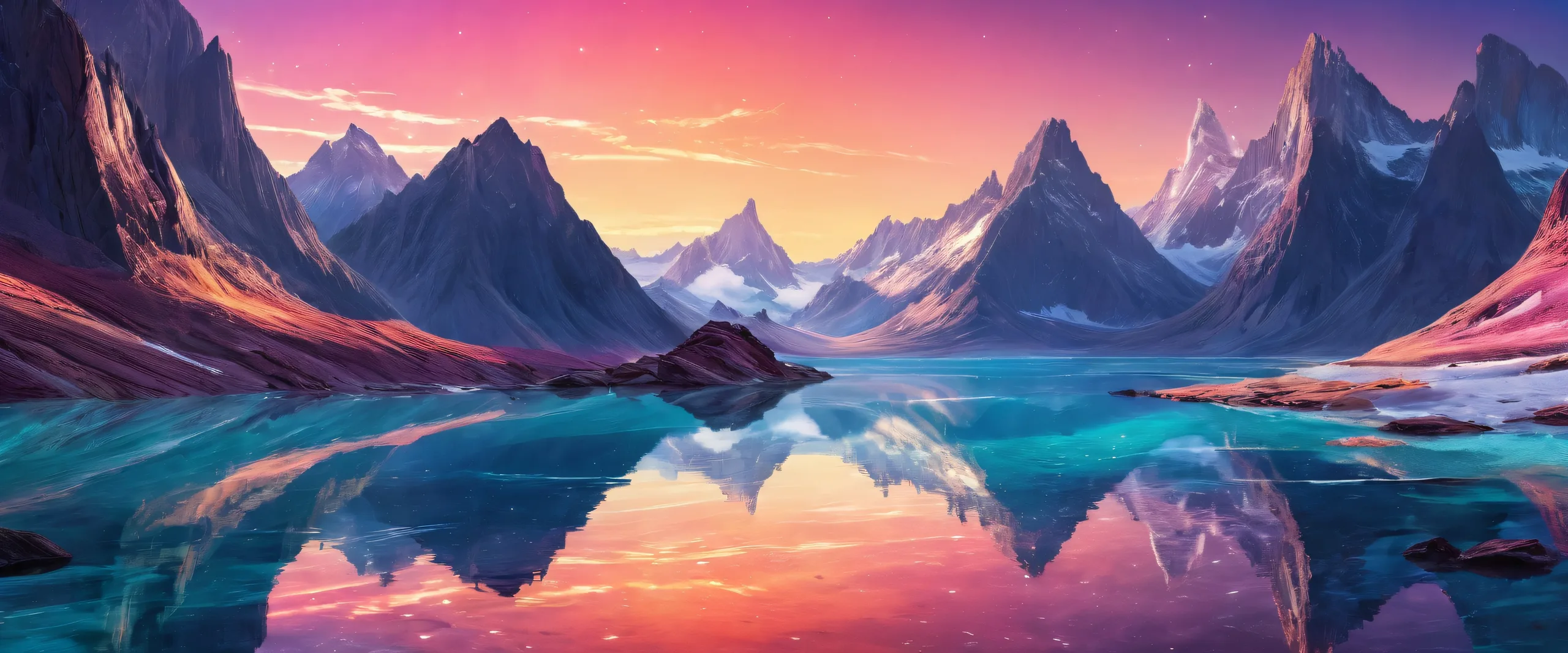 Epic Ethereal Cosmos Panorama Desktop Wallpaper Desktop/PC wallpaper featuring a breathtaking void with radiant colors and ray traced reflections.