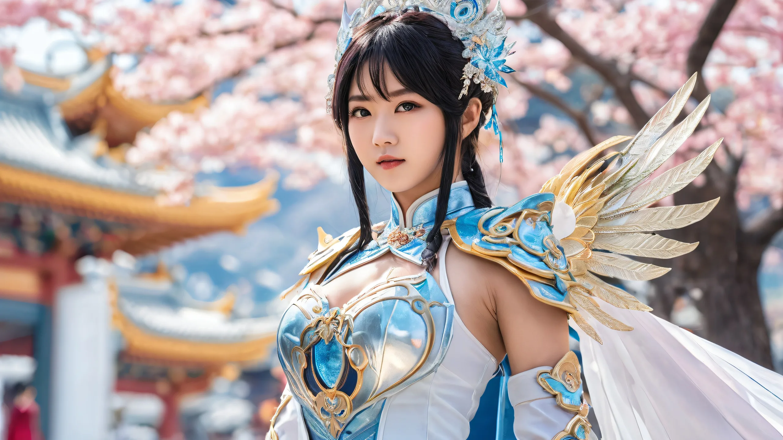 Asian cosplayer in a vast pure void with subtle lighting for a desktop or PC.