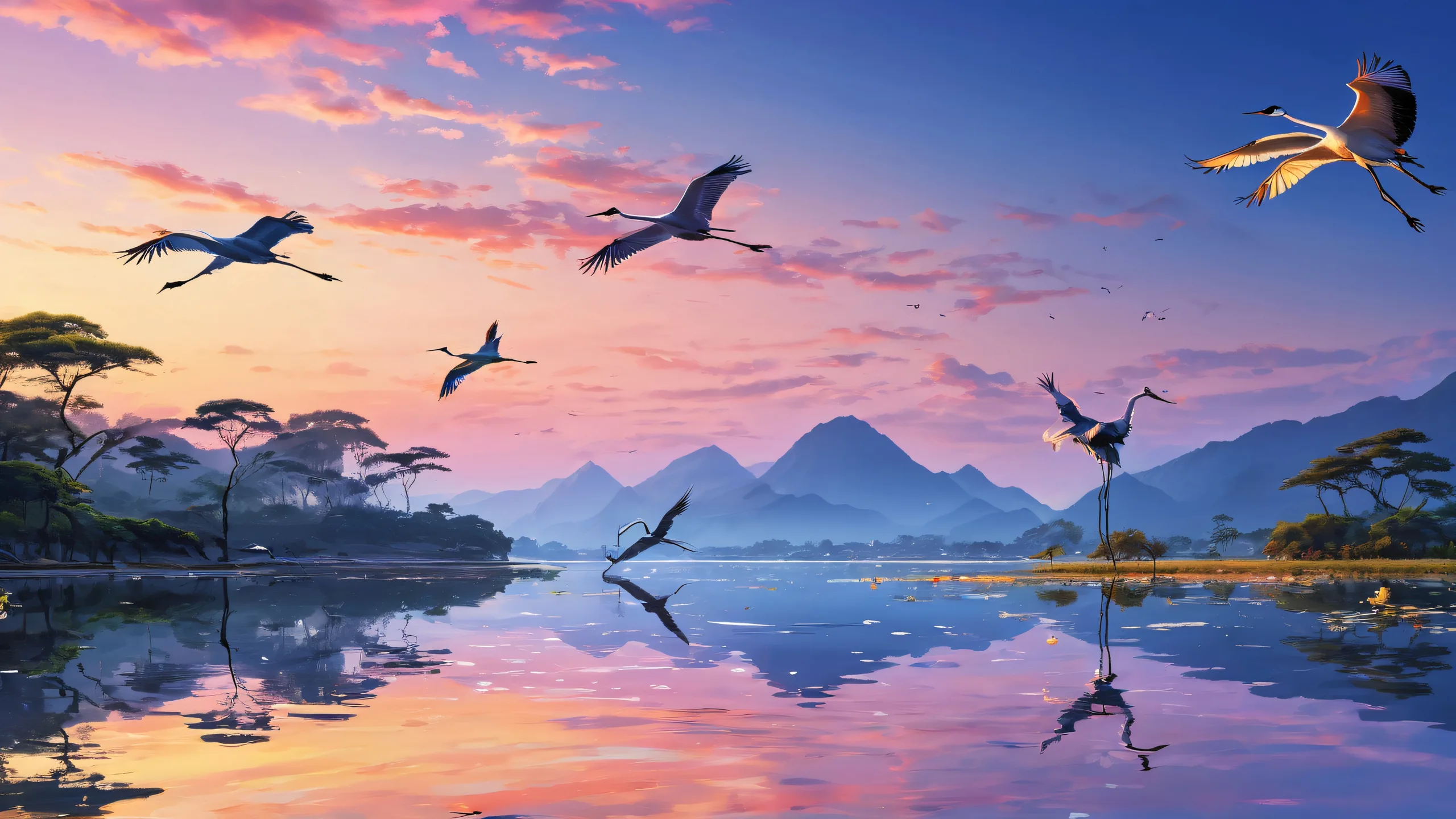 A stunning desktop wallpaper featuring cranes in a serene environment with a river, shallow water, and a brilliant sky at dusk. Suitable for Desktop/PC.