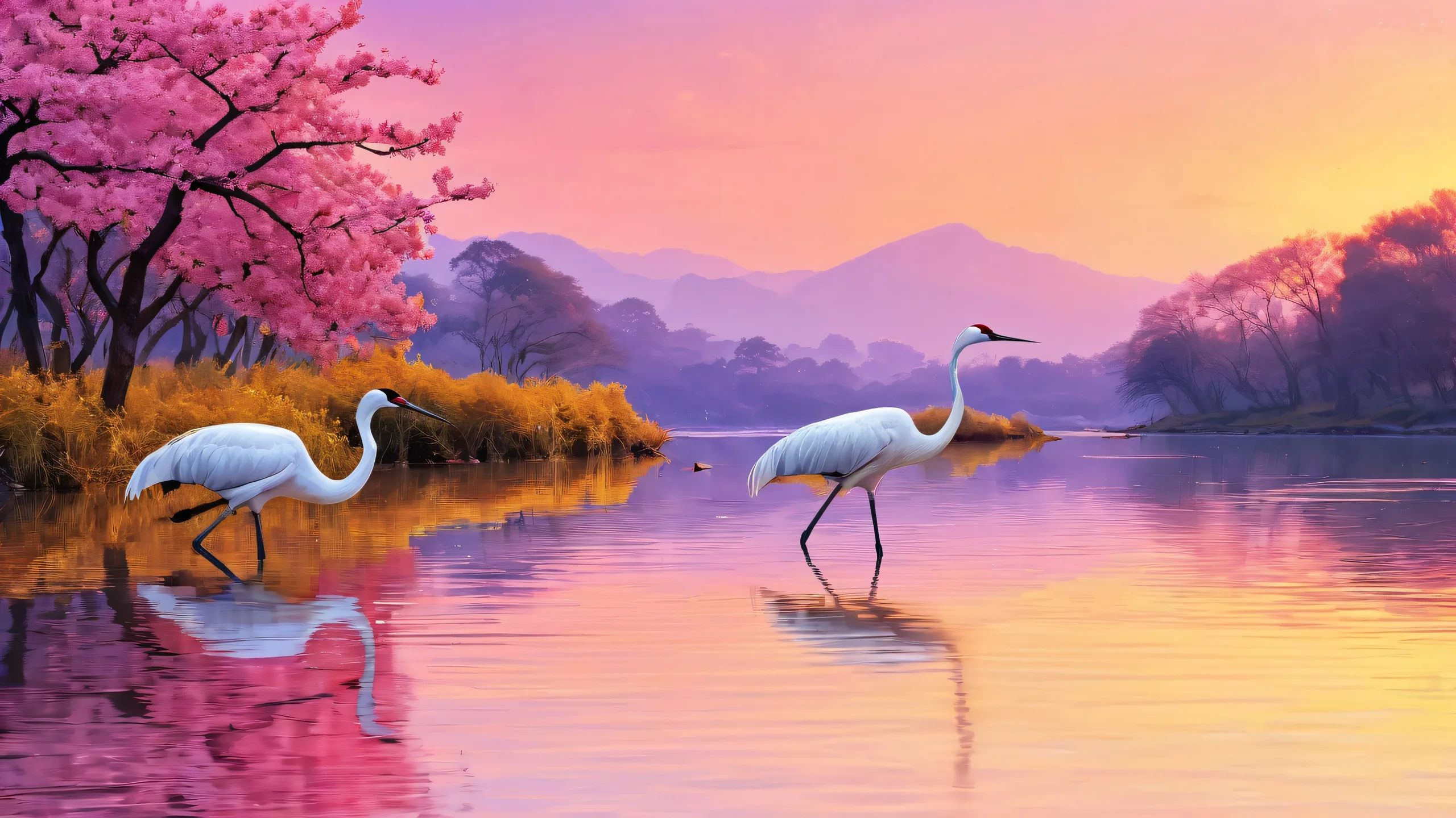 A group of cranes standing on a riverbank against a serene pure void backdrop at dusk. Ideal for desktop/PC screens.