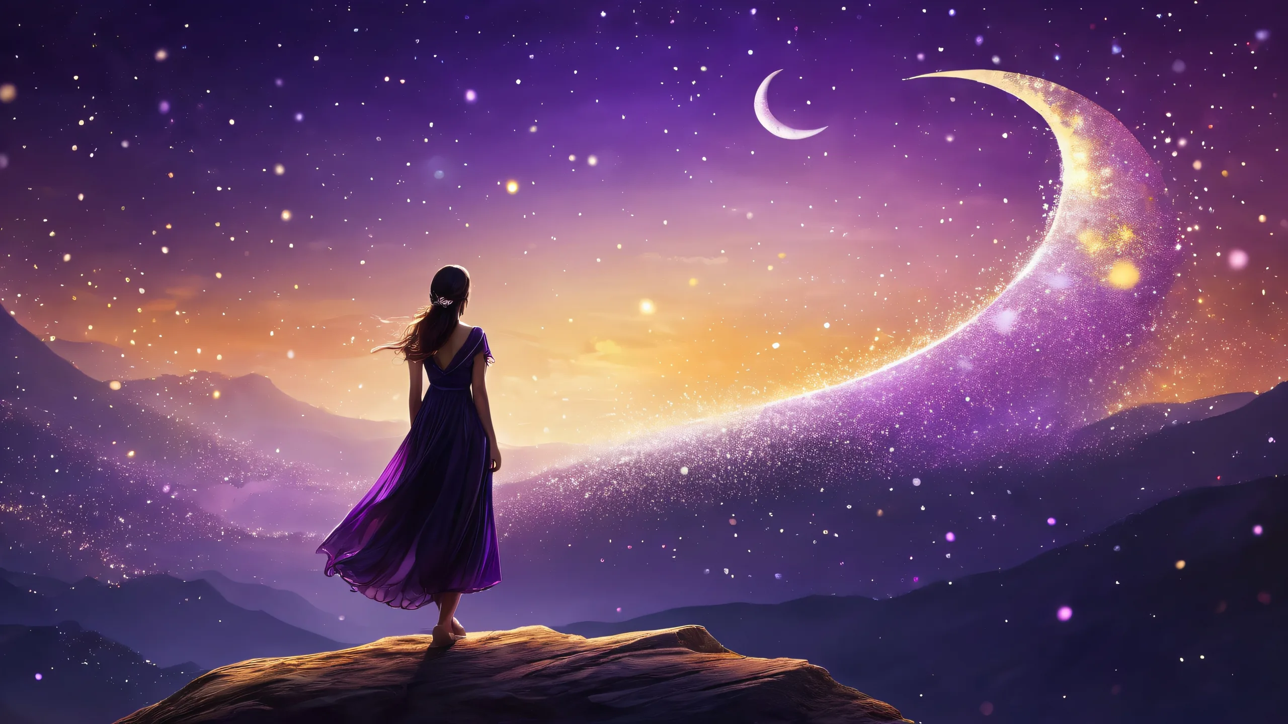 A stunning desktop image of a figure in a vast pure void with a crescent moon in the background, suitable for desktop/pc use.