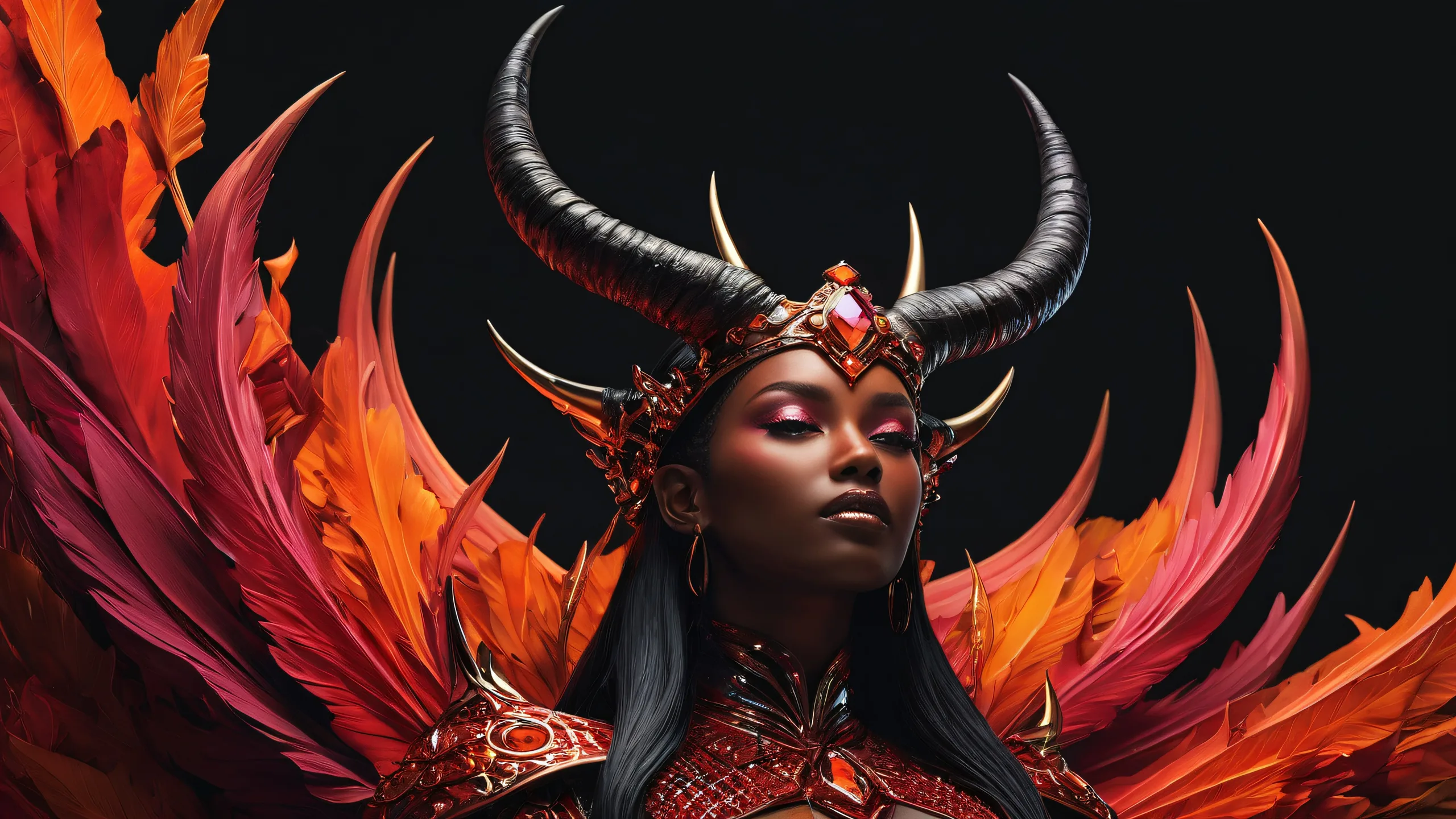 A stunning desktop wallpaper of a horned queen set against a perfectly clean vast void on a desktop/pc.