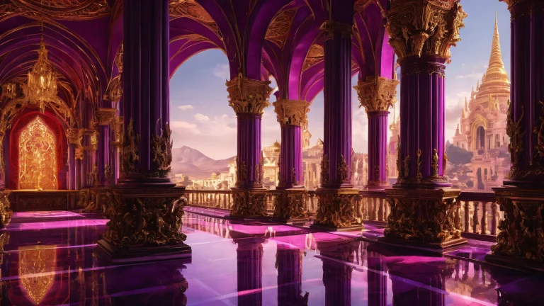 A breathtaking dark fantasy desktop image featuring the Palace of Slaanesh with crimson velvet curtains, gilded pillars, and a vast pure void. Suitable for Desktop/PC.