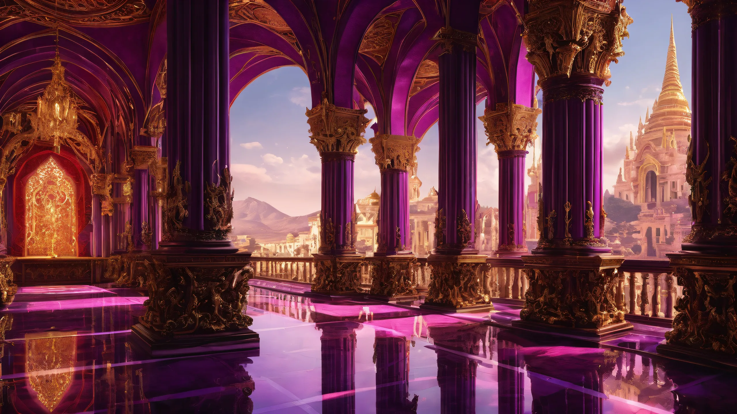 A breathtaking dark fantasy desktop image featuring the Palace of Slaanesh with crimson velvet curtains, gilded pillars, and a vast pure void. Suitable for Desktop/PC.