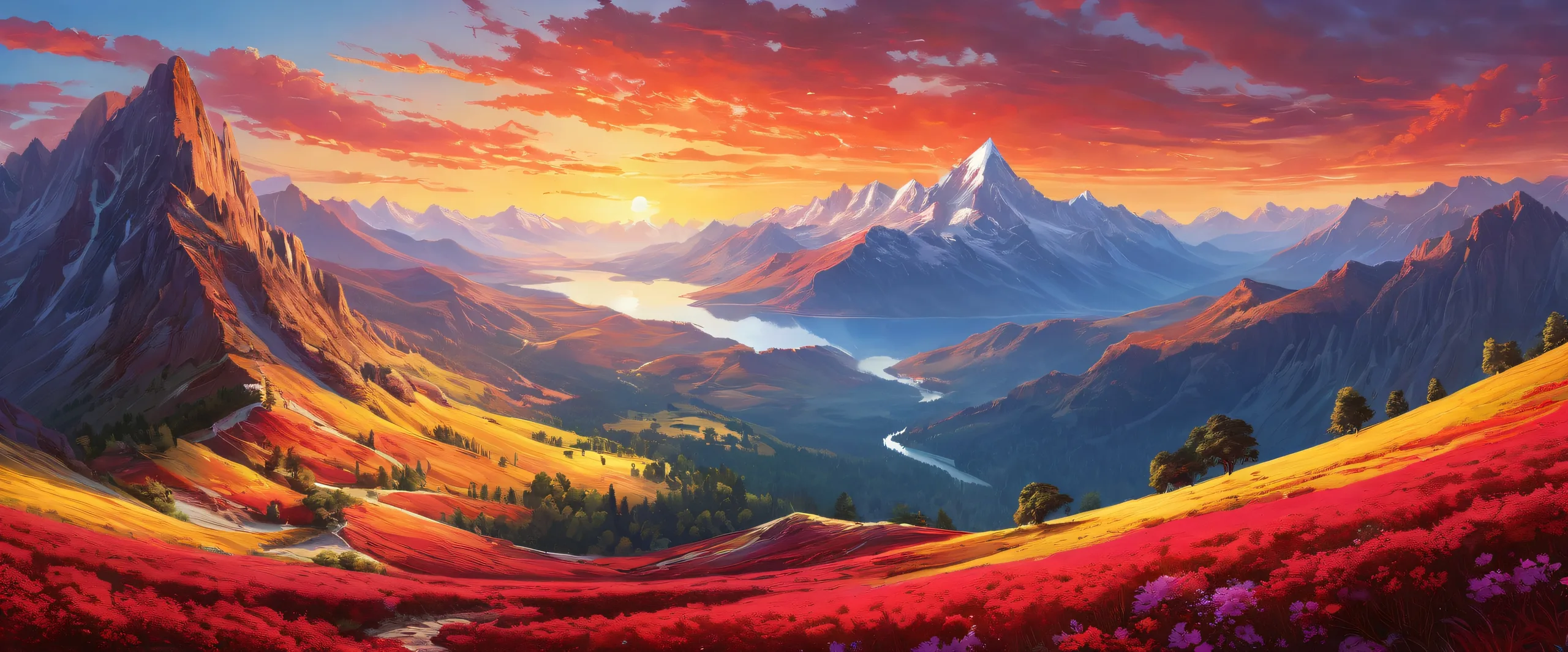 Stunning Ethereal Crimson Panorama Wallpaperparfait pour les utilisateurs de bureau/PC A breathtaking desktop wallpaper featuring a vast pure void with mountains and trees in the distance, perfect for Desktop/PC users.