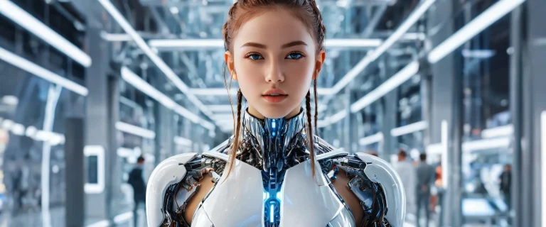 A futuristic workshop scene of a cyborg girl set against a vast pure void, perfect for desktop/PC use.