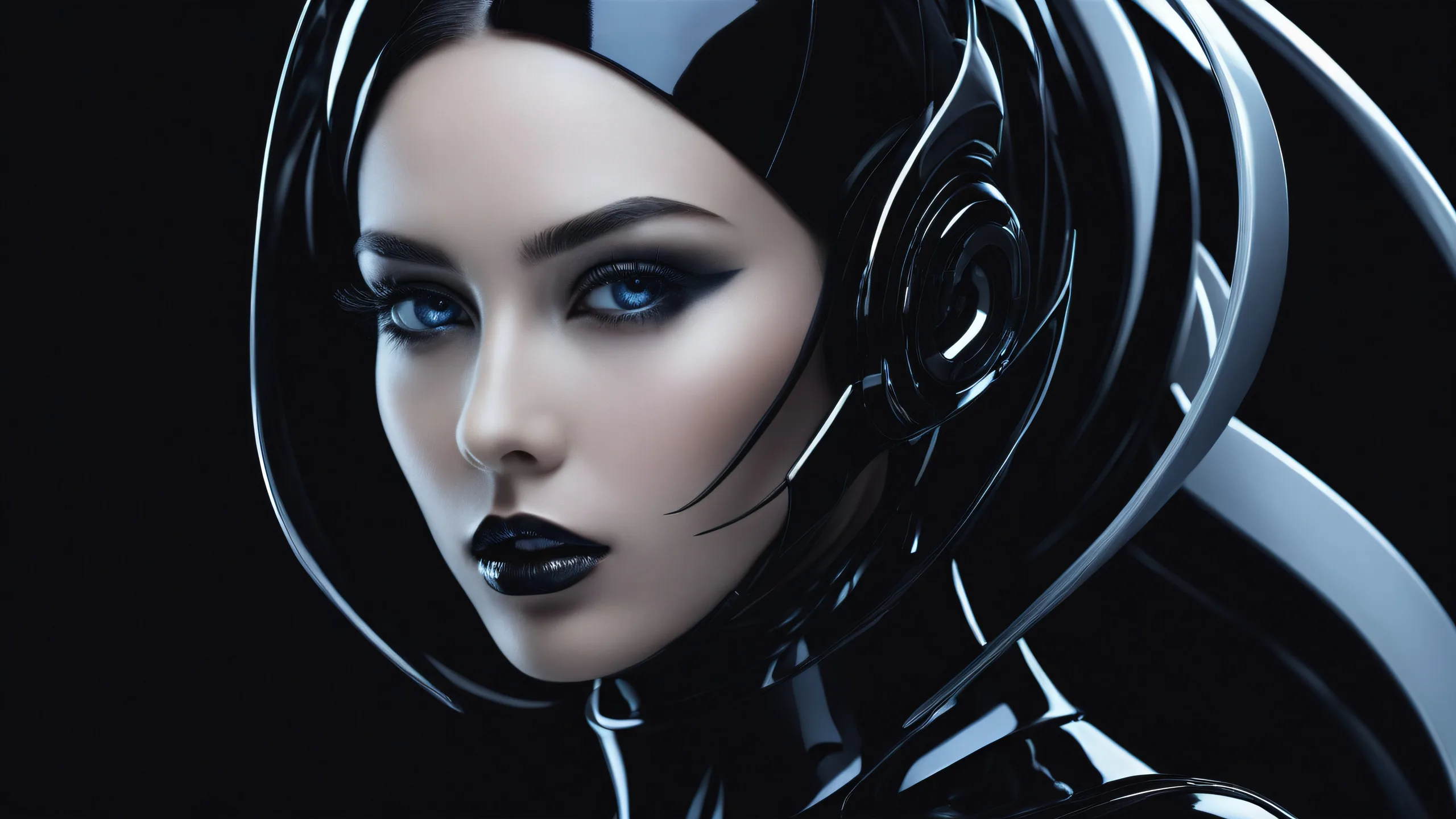 A stunning woman surrounded by a vast, pure void on a desktop or PC, emphasizing her presence and blending human likeness with futuristic elements.