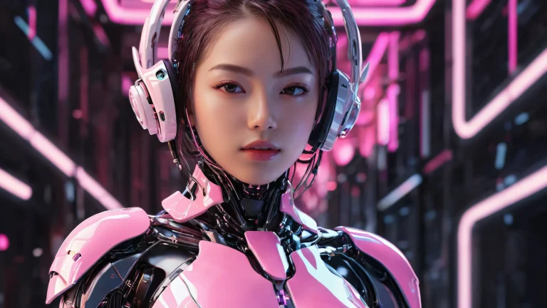 Cyborg girl in a pure void desktop background with ethereal lighting and radiant colors for PC or Desktop use.