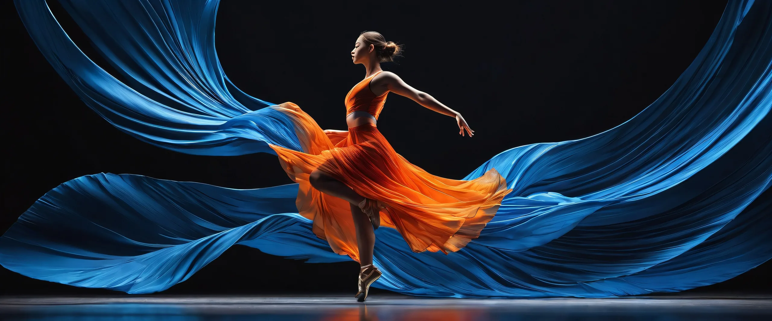 A breathtaking digital art piece of a dancer set against a vast pure void with dark grey and blue paint streaks, perfect for desktop/pc backgrounds.