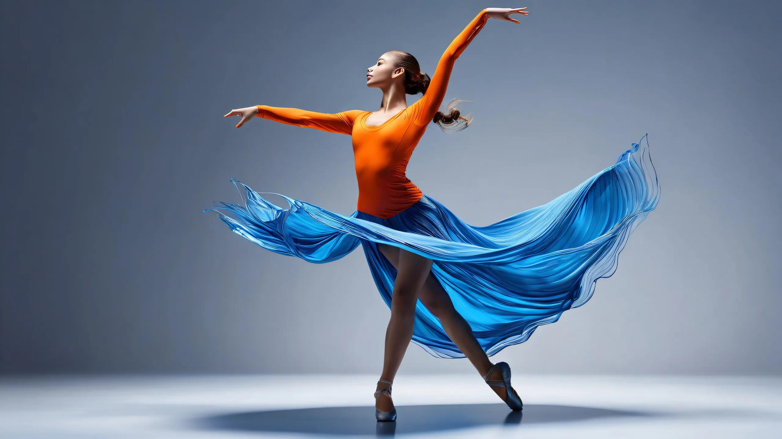 Dancer silhouette against dark grey void with blue streaks and ethereal lighting for desktop/pc wallpapers.