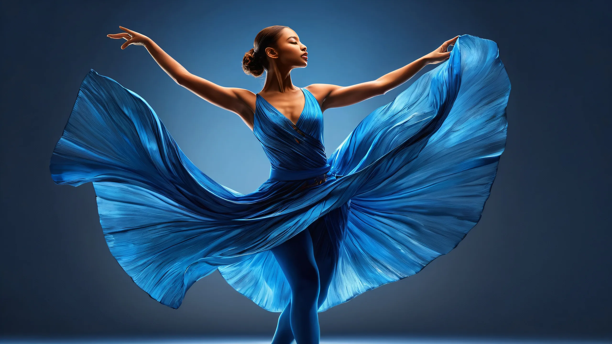 Woman dancer amidst pure void with dark grey background and blue paint streaks for desktop/pc