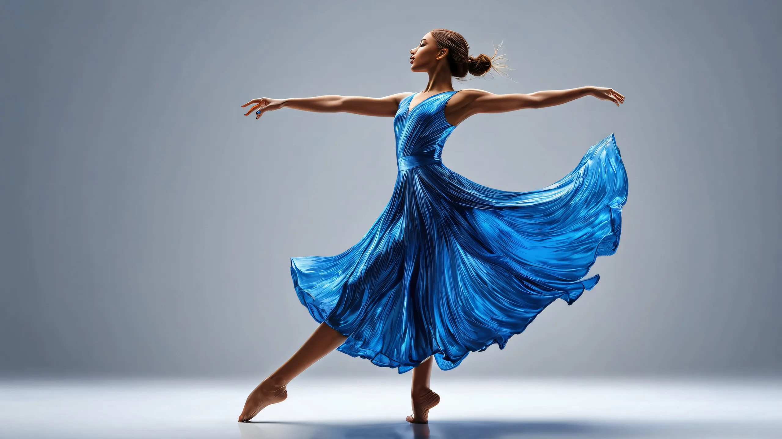 A stunning digital art piece of a dancer set against a vast, pure void with horizontal streaks of blue paint on a dark grey background. Suitable for desktop/PC.
