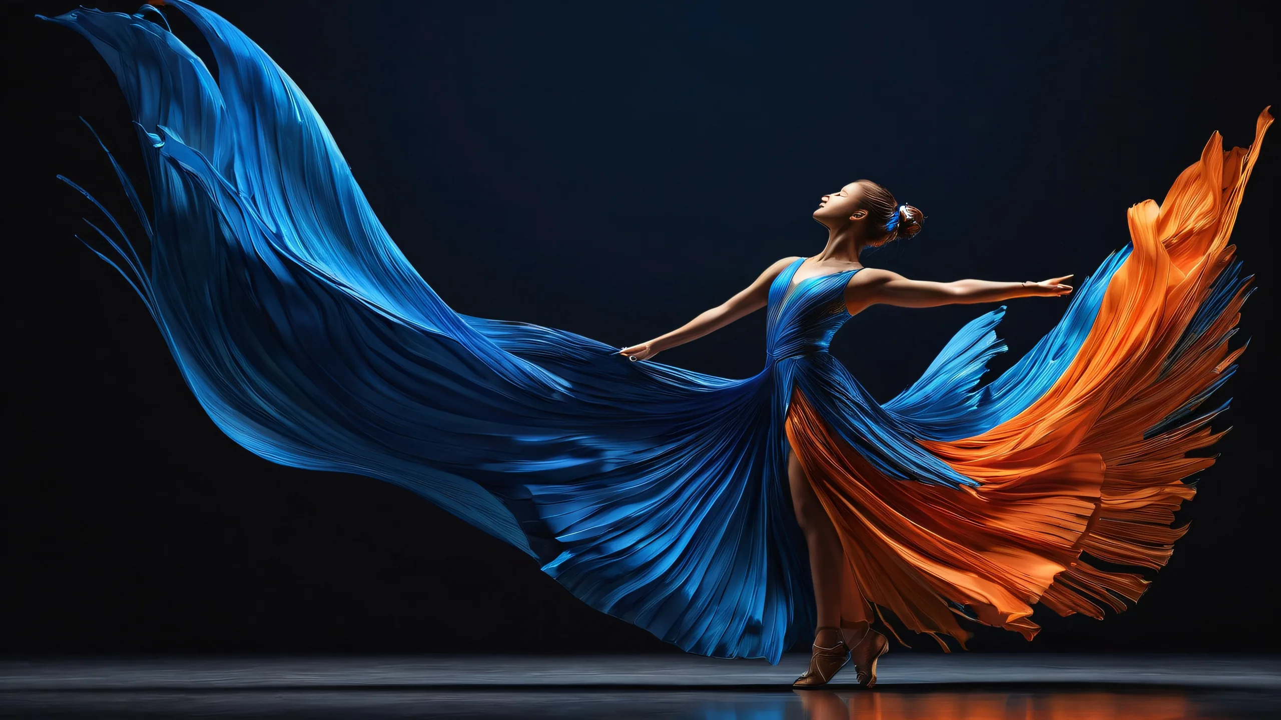 Ethereal Dance in Cosmic Void Aesthetic PC Wallpaperperfecto para tu escritorio/PC A beautiful dancer against a dark grey background with blue paint streaks, perfect for your desktop/PC.