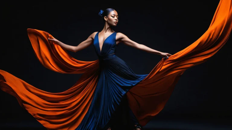 Dancer in a void with dark grey and blue streaks on a desktop/PC background