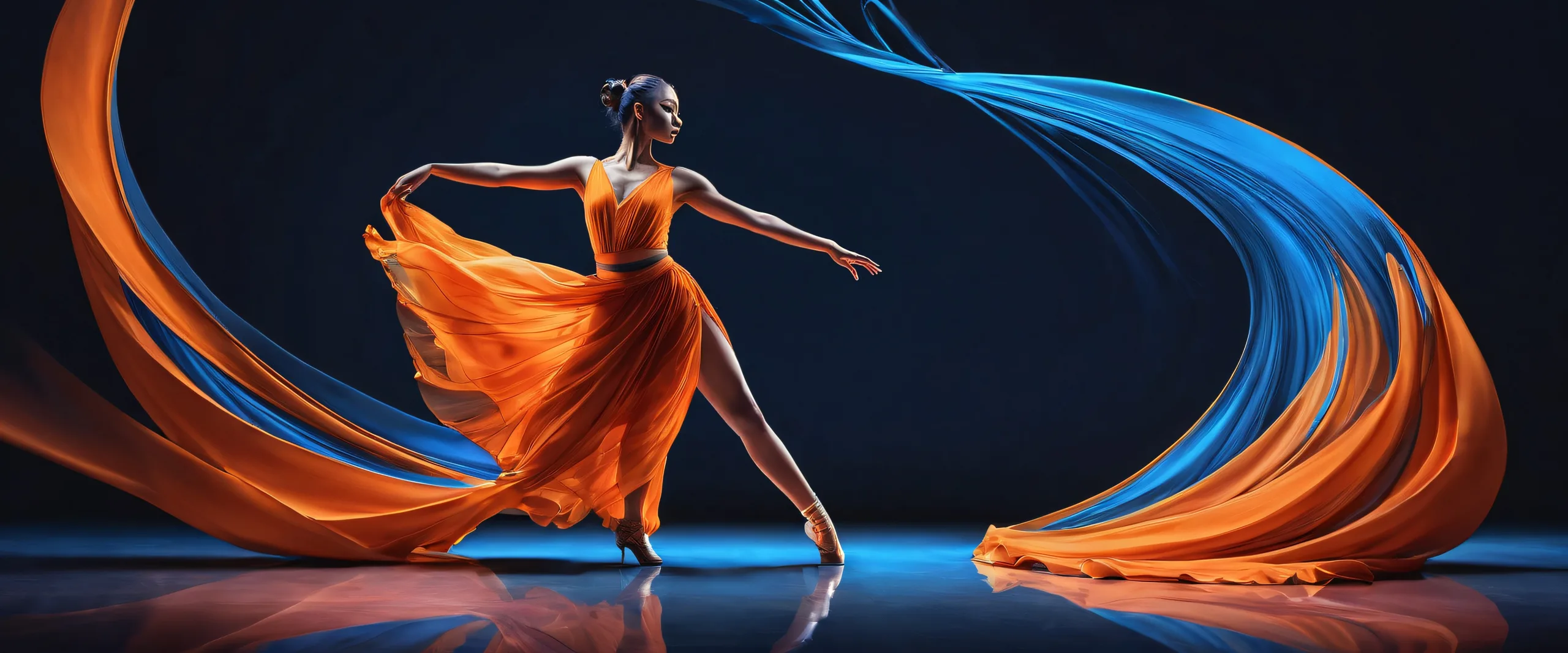 Dancer in a vast, dark grey void with blue streaks against a desktop or PC background.