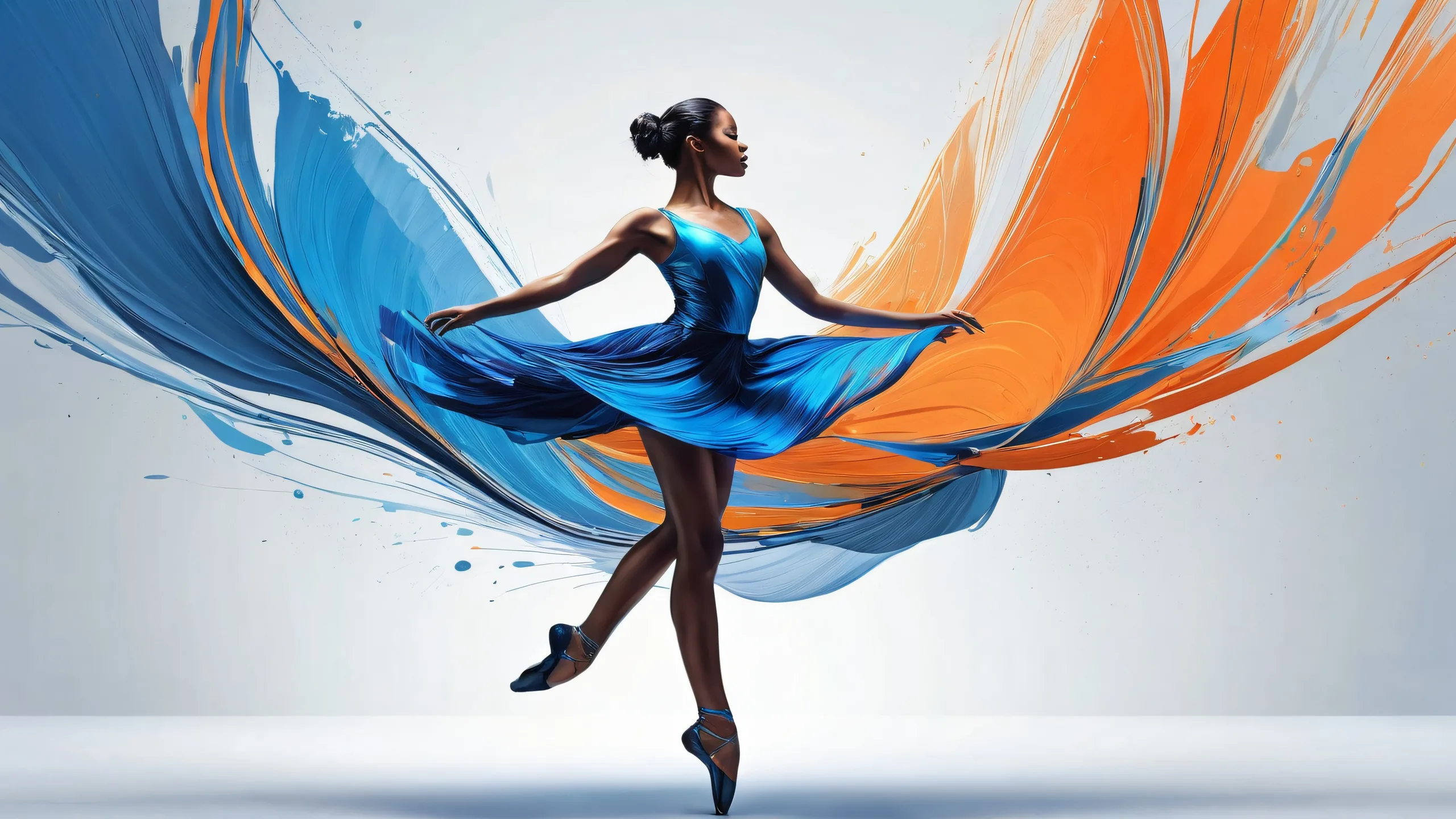 A mesmerizing desktop wallpaper of a dancer set against a vast pure void with abstract background and dark grey horizontal streaks of paint in shades of blue, designed for Desktop/PC use.
