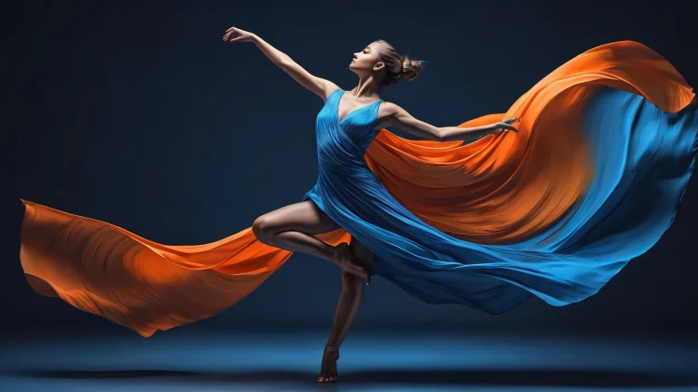Abstract desktop wallpaper featuring a dancer in a void with blue-hued streaks and radiant lighting for PC or Desktop use.