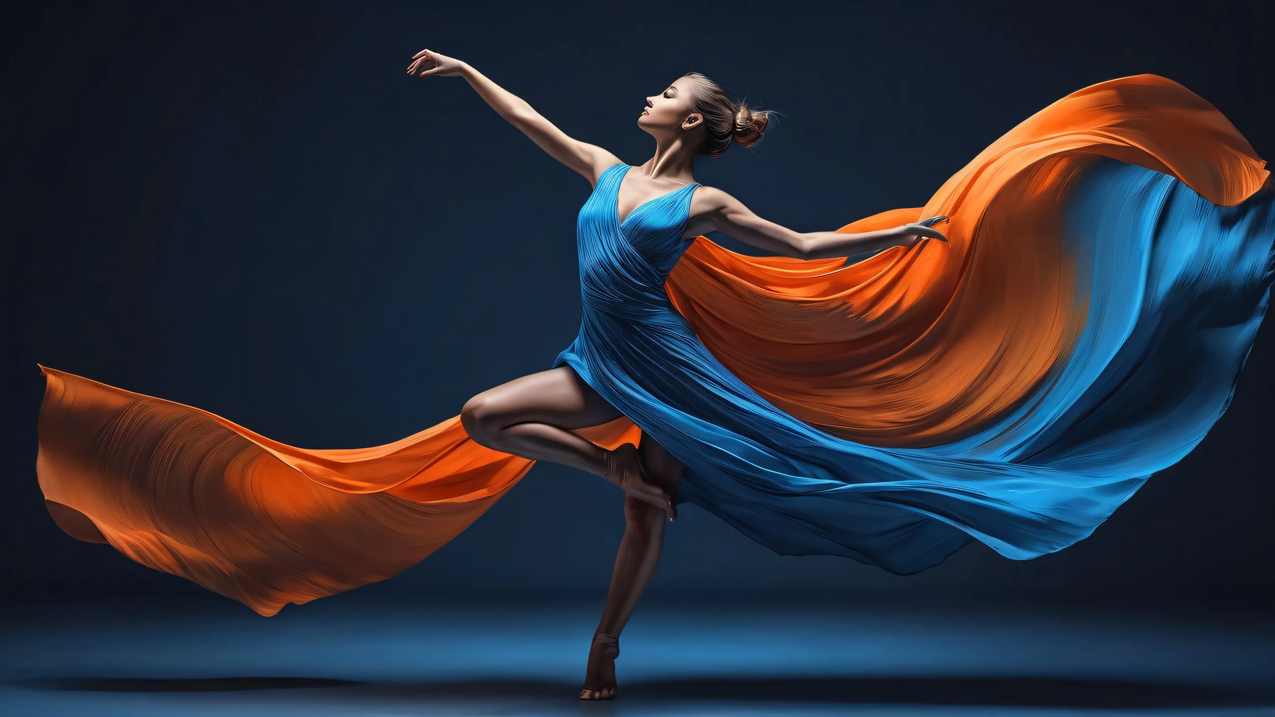 Abstract desktop wallpaper featuring a dancer in a void with blue-hued streaks and radiant lighting for PC or Desktop use.