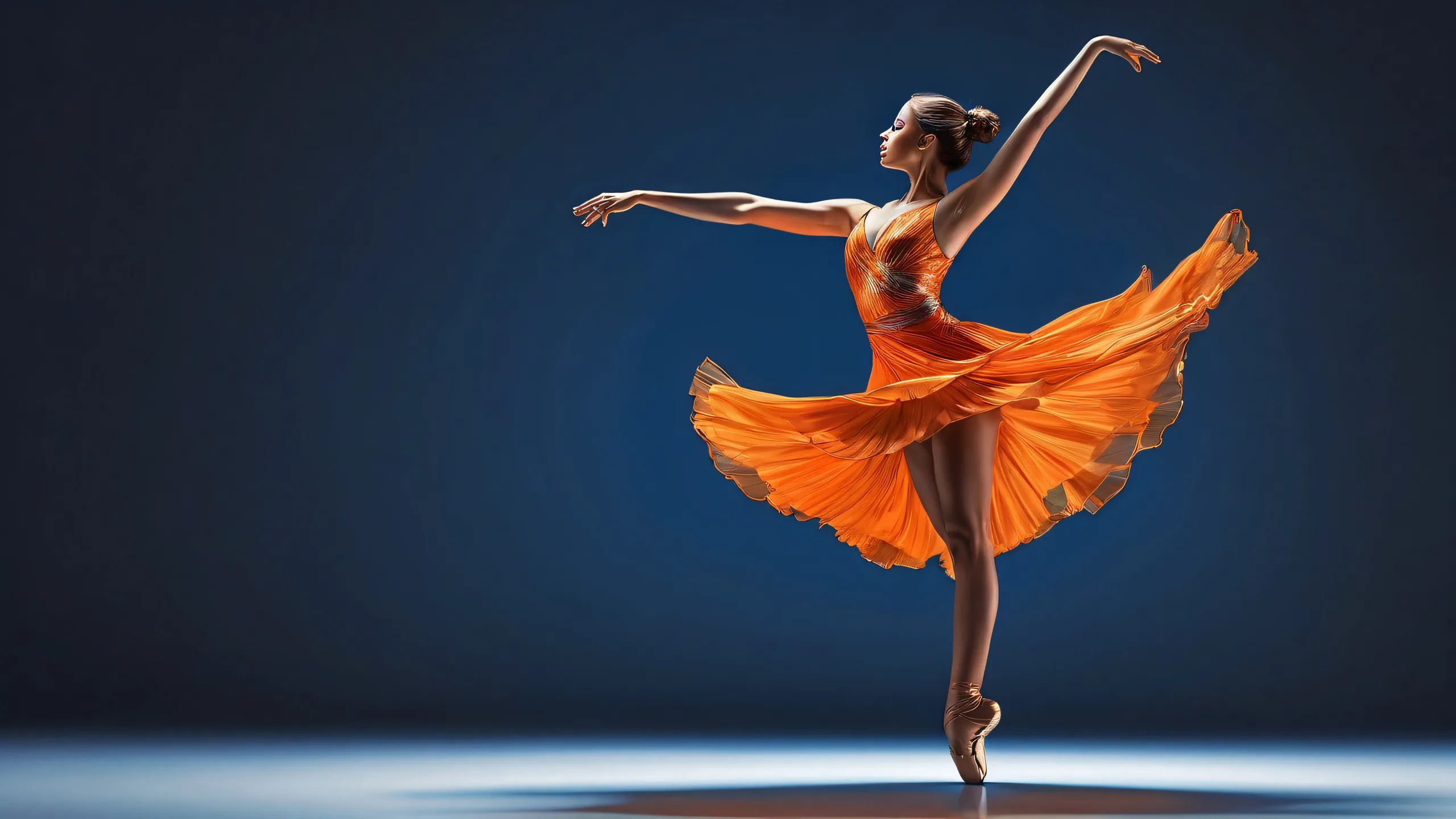 A radiant and ethereal desktop wallpaper featuring a dancer in a vast pure void with dark grey background and blue paint streaks, perfect for your Desktop/PC.