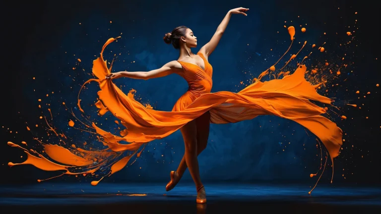 A stunning illustration of a dancer against a vast, pure void with dark grey and blue-orange accents, perfect for desktop/pc use.