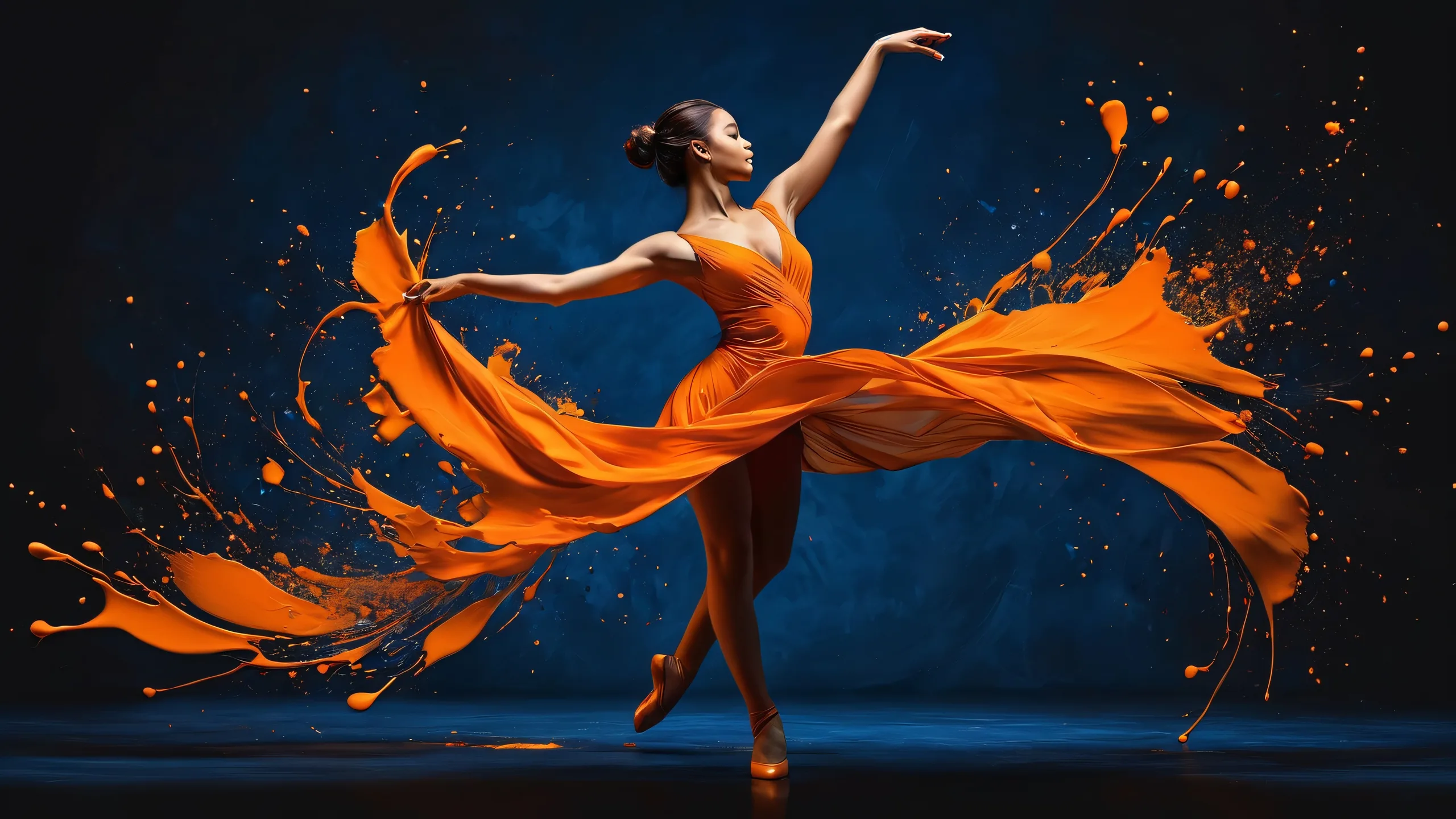 Epic Ethereal Dance in Void Desktop Wallpaper A stunning illustration of a dancer against a vast, pure void with dark grey and blue-orange accents, perfect for desktop/pc use.