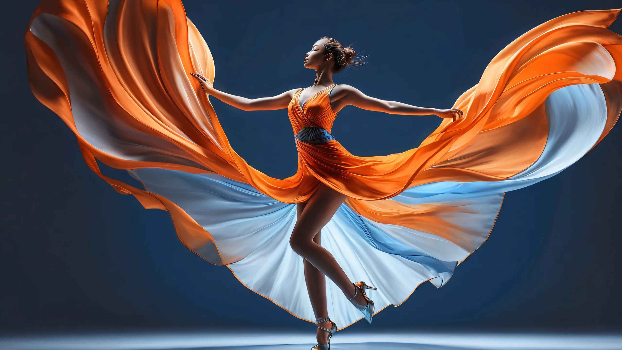 A stunning desktop image of a dancer set against a vast, pure void with dark grey and blue streaks. Suitable for Desktop/PC users.